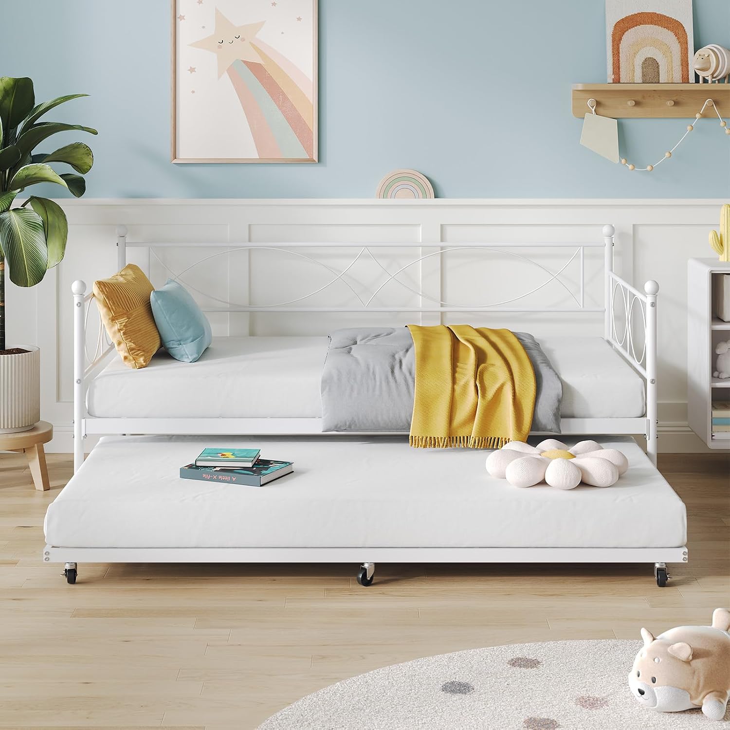 GarveeHome Twin Daybed with Trundle, Day Bed with Trundle Bed Twin, Twin Size Mattress Foundation with Steel Slat Support for Kids Teens Adults Living Room, No Box Spring Needed, White
