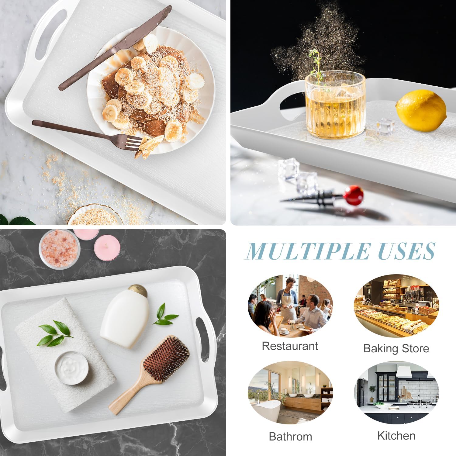 2PC White Serving Trays with Handles, 16 x 11.2 inch Rectangular Non Skid Multi-Purpose Plastic OttomanTray for Restaurant, Parties, Coffee Table, Kitchen