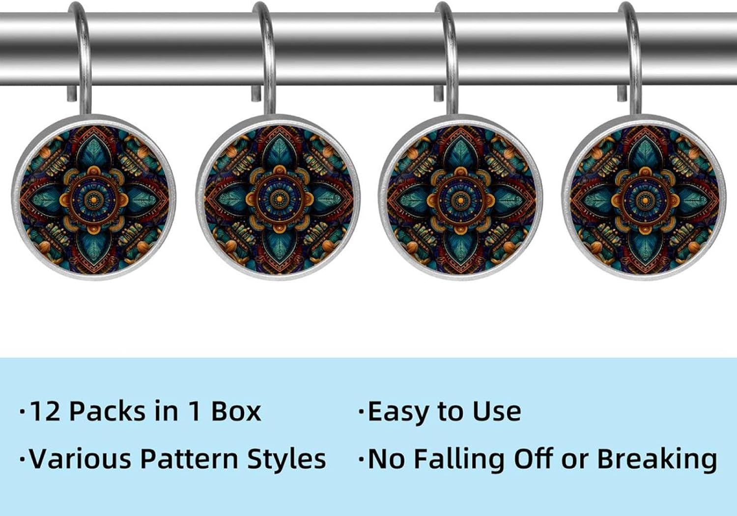 12PCS Art Retro Ethnic Pattern (2) Shower Curtain Hooks Metal Rust Resistant Decorative Shower Curtain Hooks Bathroom Decorations