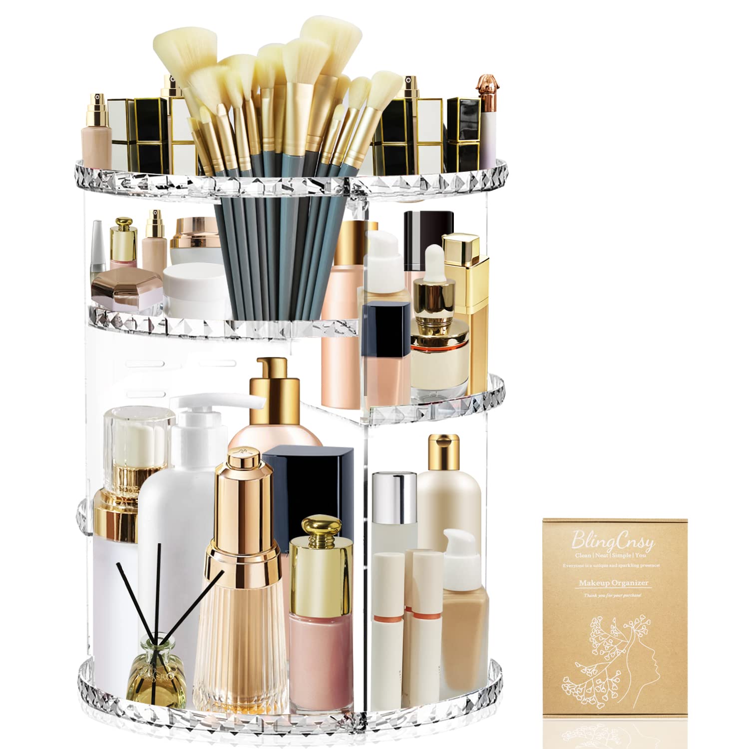360 Large Rotating Makeup Organizer for Vanity Clear - Adjustable & Durable Spinning Cosmetics Skincare Perfume Brush Storage for Bathroom Dresser - Beauty Gift for Girl Women Mom