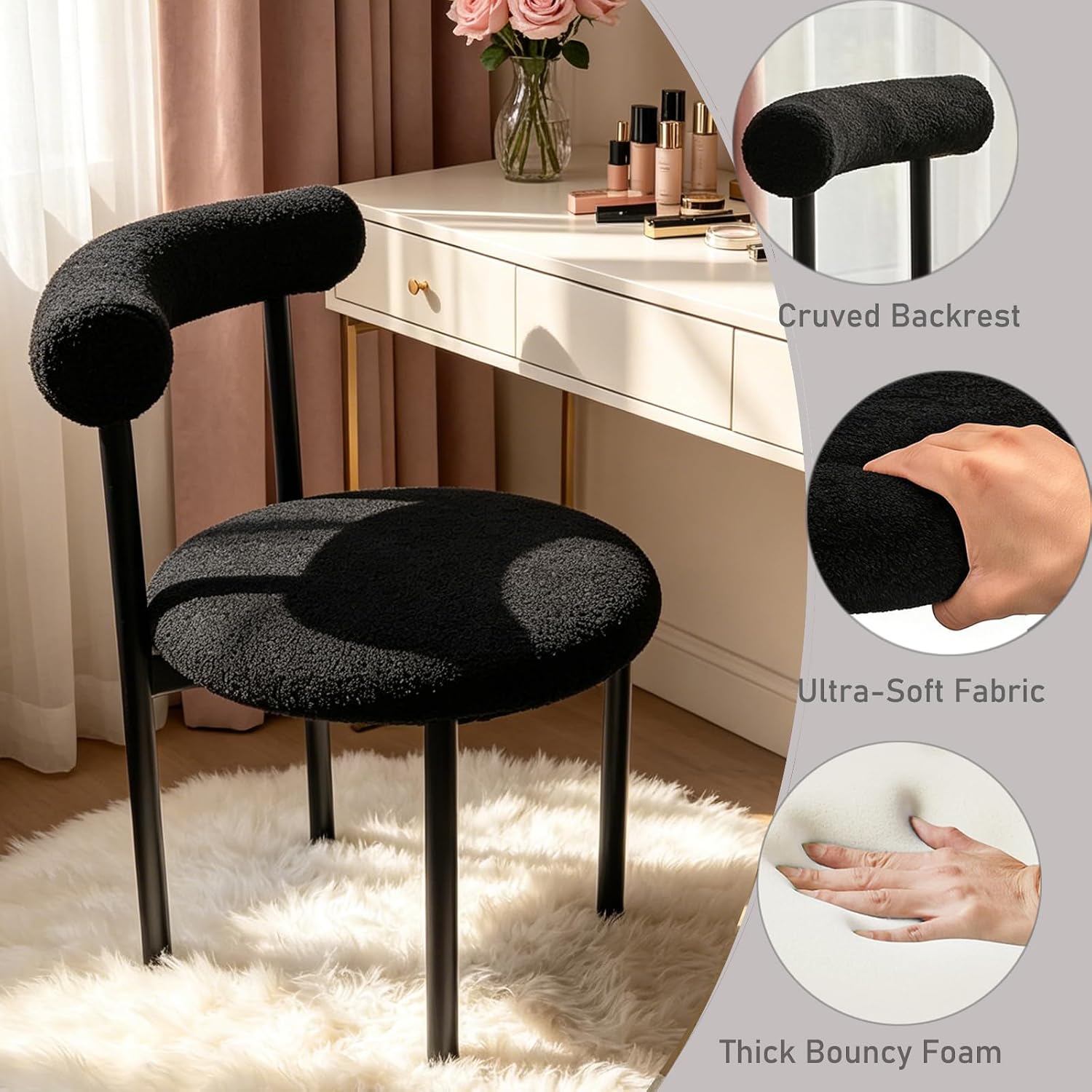Black Vanity Chair, Boucle Desk Chair with Back for Bedroom