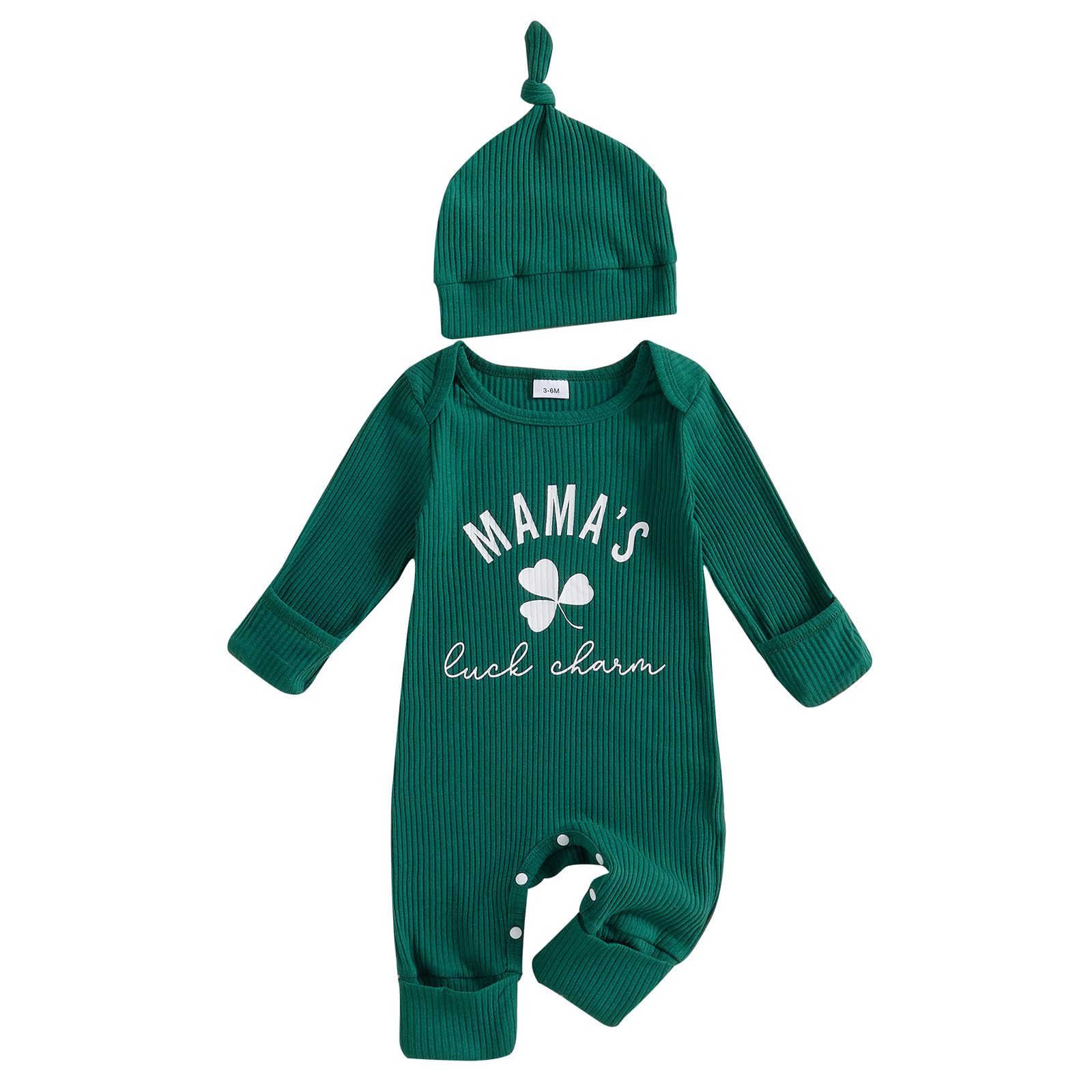 Newborn Infant Baby Boy St Patricks Day Outfit Knit Long Sleeve Romper + Hat Green Clover Baby Clothes Boy (Green, 6-12 Months)