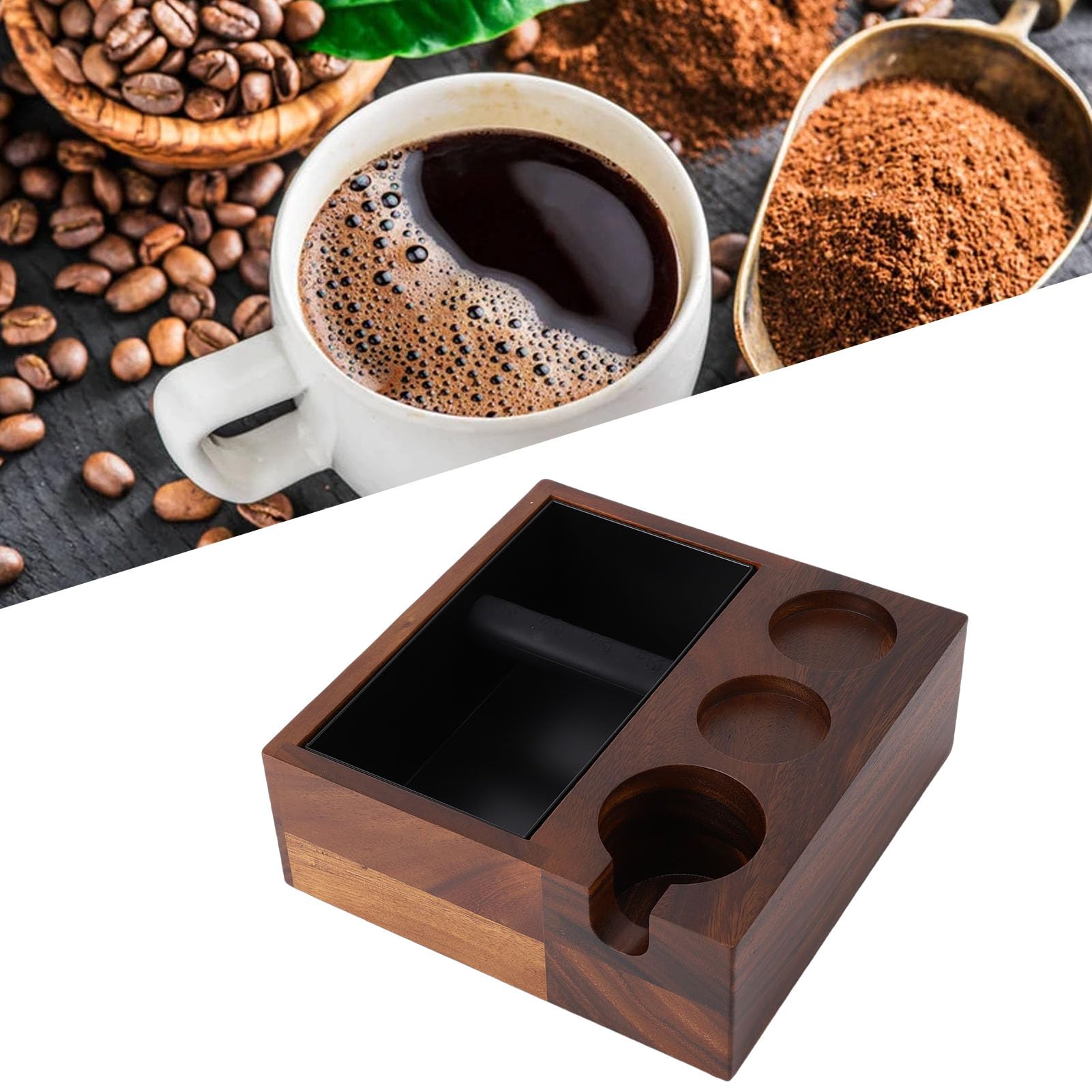 4 w 1 Drewniane Pukanie do Espresso, Pukanie do Dystrybutora Kawy 58 Mm ze Zdejmowanym PudełKiem na Fusy ze Stali Nierdzewnej i PodnóżKiem, Ubijak do Espresso, Stojak na Filtry