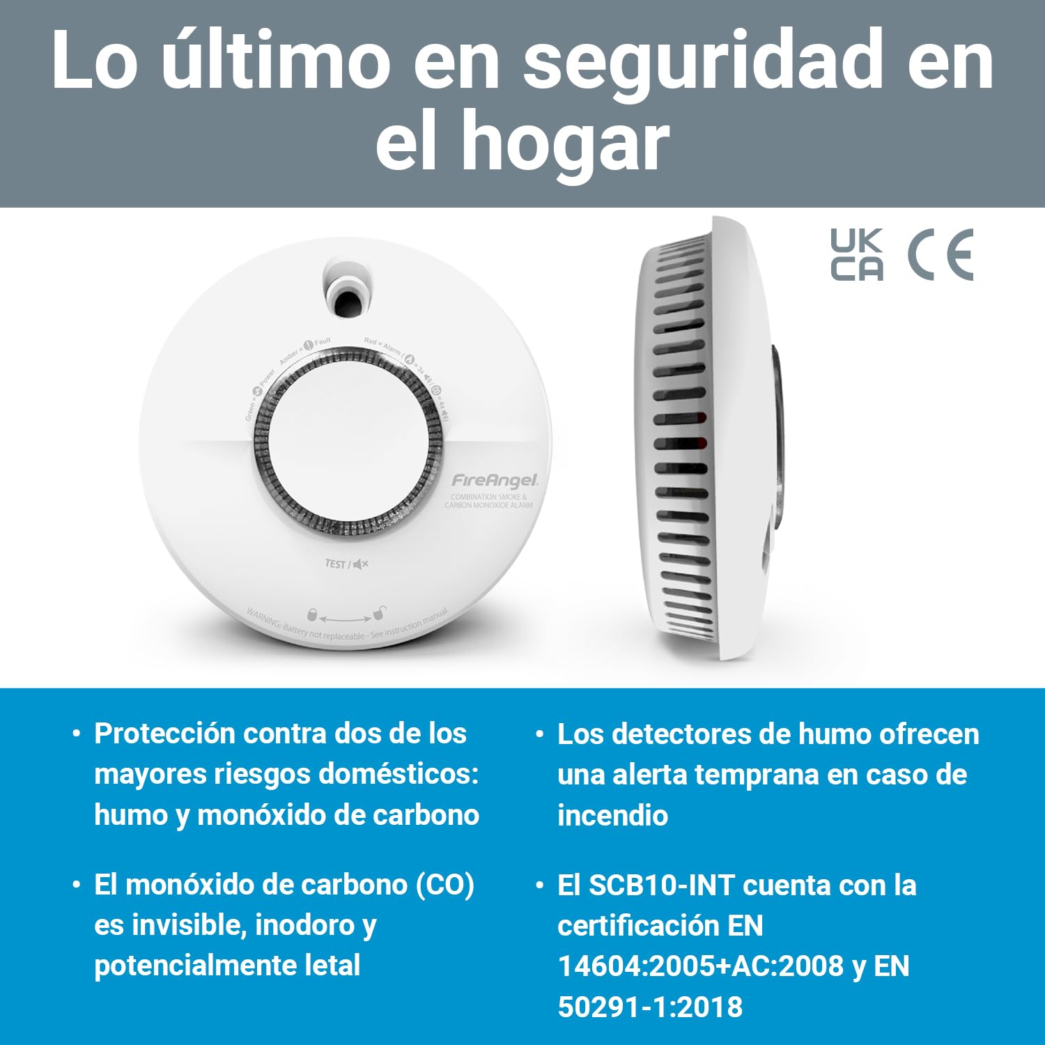 FireAngel Detector de Humo y Monóxido de Carbono para Casa Combinado, SCB10-INT – Doble Sensor de Humo y CO de 10 Años de Duración