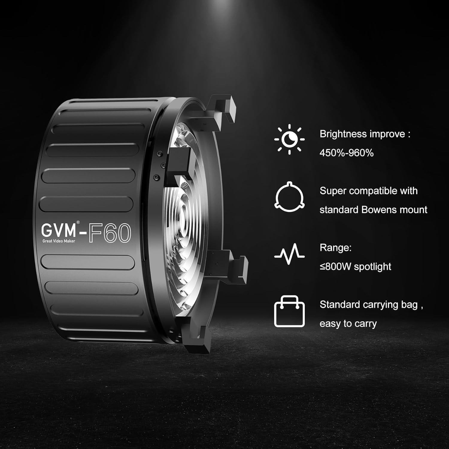 GVM F60 Fresnel Lens for LED Video Light with Bowens Mount, Compatible with PROSD400B, 500B, 650B, SD600D, SD600S, Continuous Output Lighting for Studio Photography, Light Brighness inprove 450%-960%
