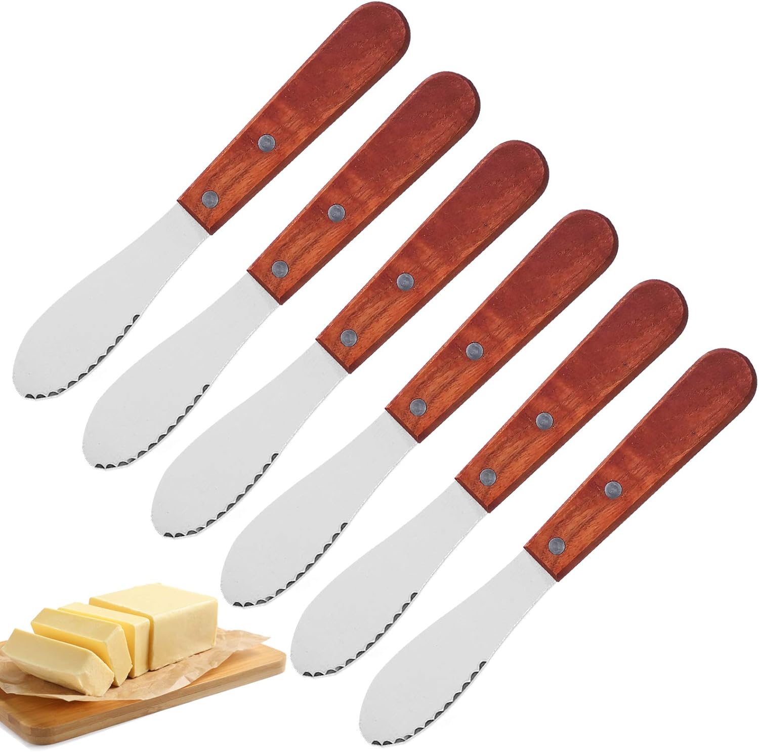 6 Pack Stainless Steel Straight Edge Wide Butter Spreader with Wood ...