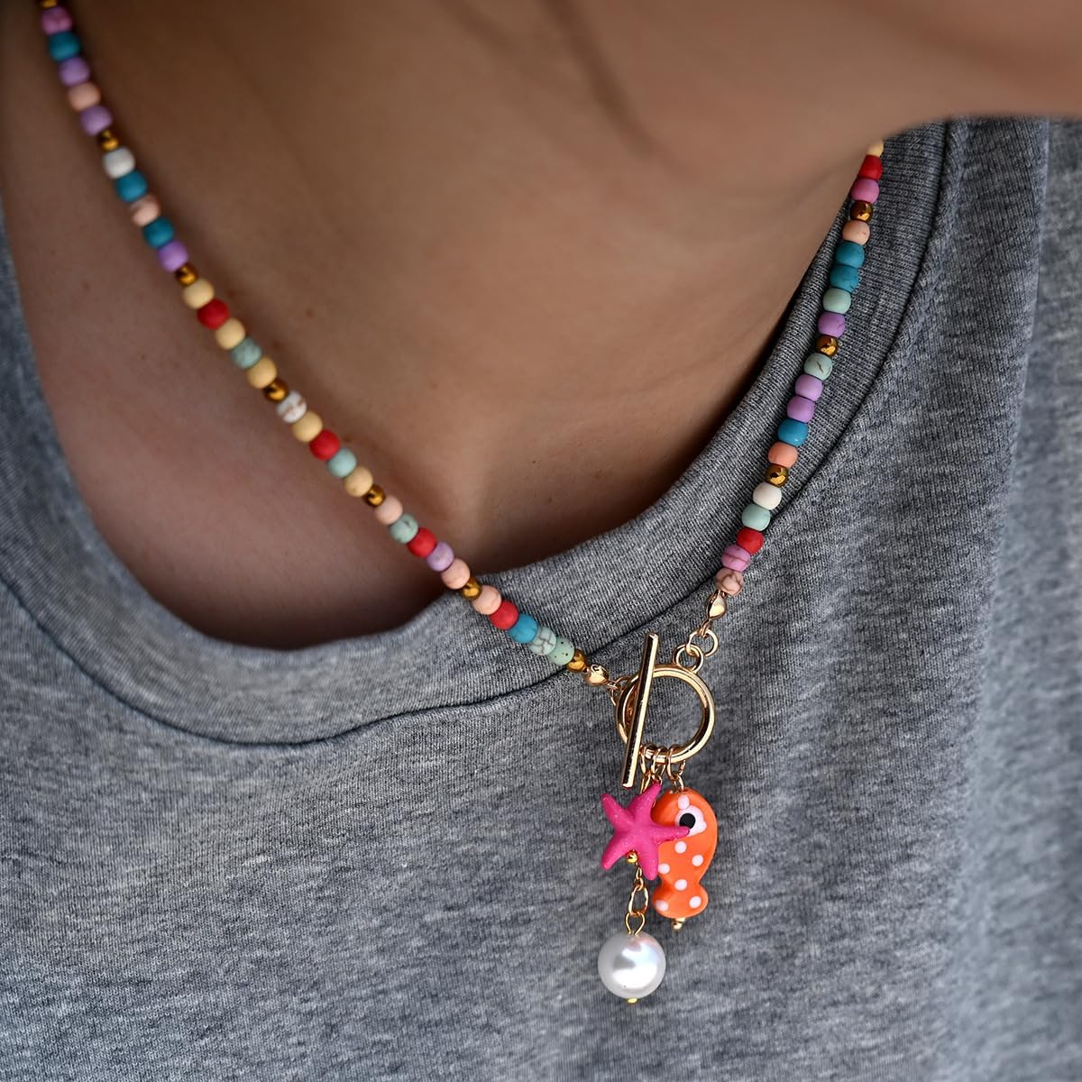 Colorful Beaded Necklace Boho Colored Ceramic Small Fish & Starfish Pendant Necklace Handmade Beach Summer Surfer Choker Necklaces Trendy Jewelry For Women - Image 3