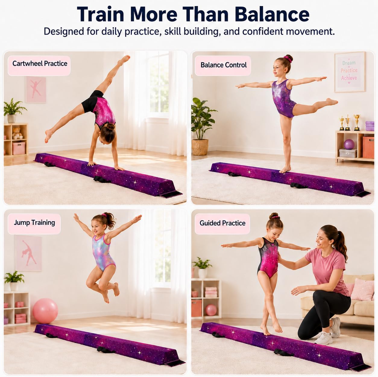 Balance Beam for Kids 6FT Gradient Rainbow Suede Gymnastics Beam | folding toddler practice mat, non slip fabric cushion, heavy duty extendable rail, galaxy birthday gift for grandchildren
