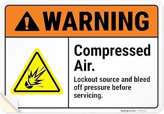 Warning Compressed Air Lockout Source and Bleed Off Pressure Before Servicing ANSI Sign, 10x7 Inches, 4 Mil Vinyl Decal Stickers Weather Resistant, Made in USA