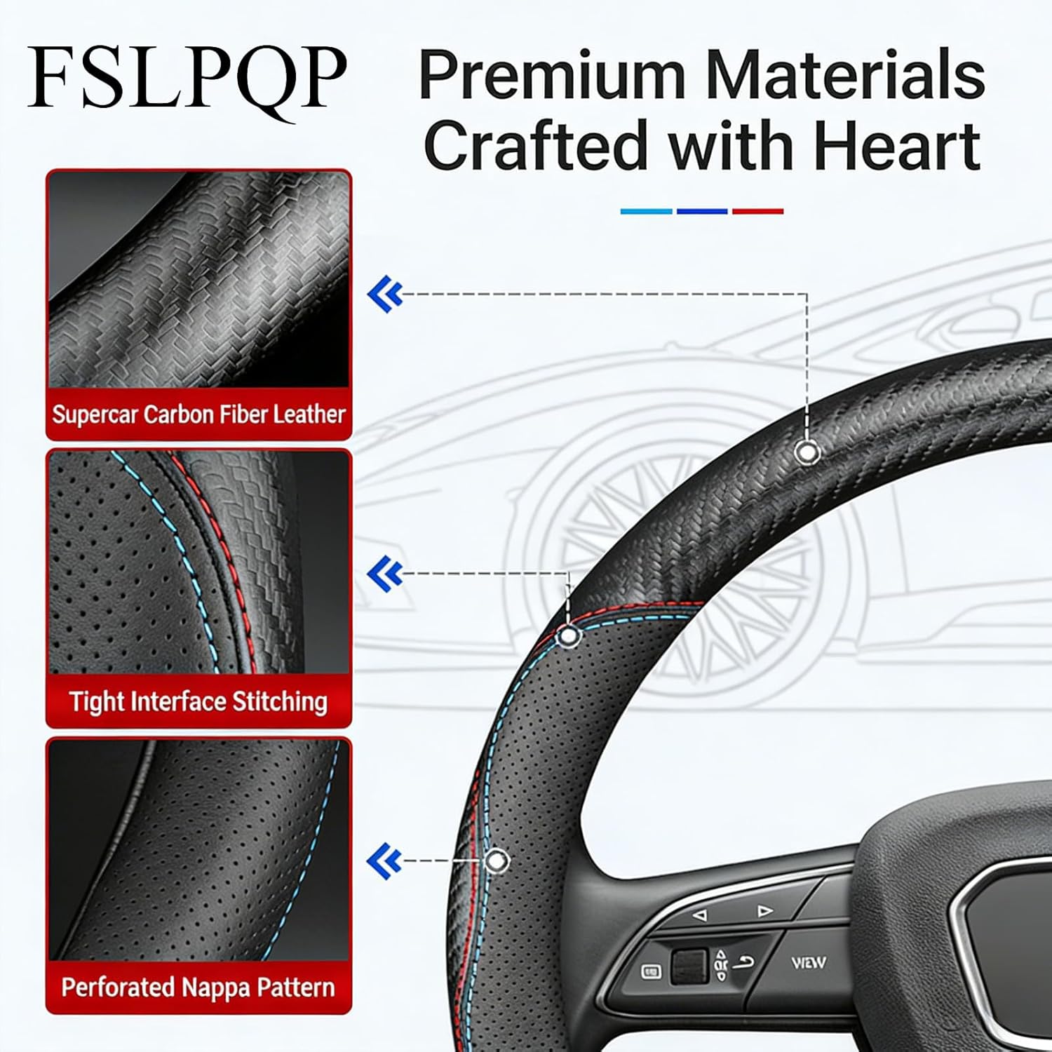 Microfiber Leather Steering Wheel Cover, Round Carbon Fiber Two-tone Wire Trim, Leather Cover with Anti-Slip Lining, Universal 14.5"-15" Auto Accessory (Multicolored)