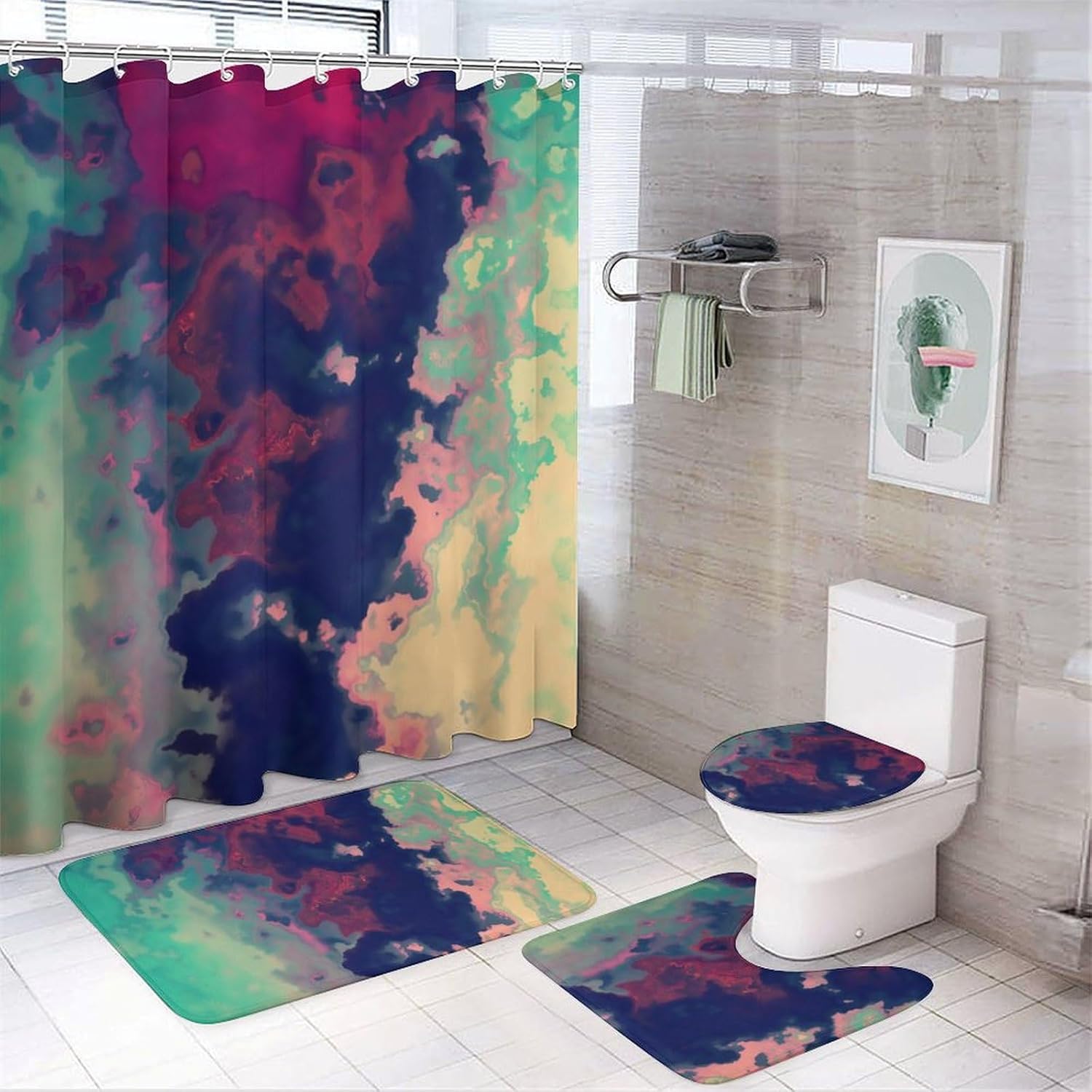 Rideau de douche marbre avec 3 tapis assortis pour décoration de salle de bain