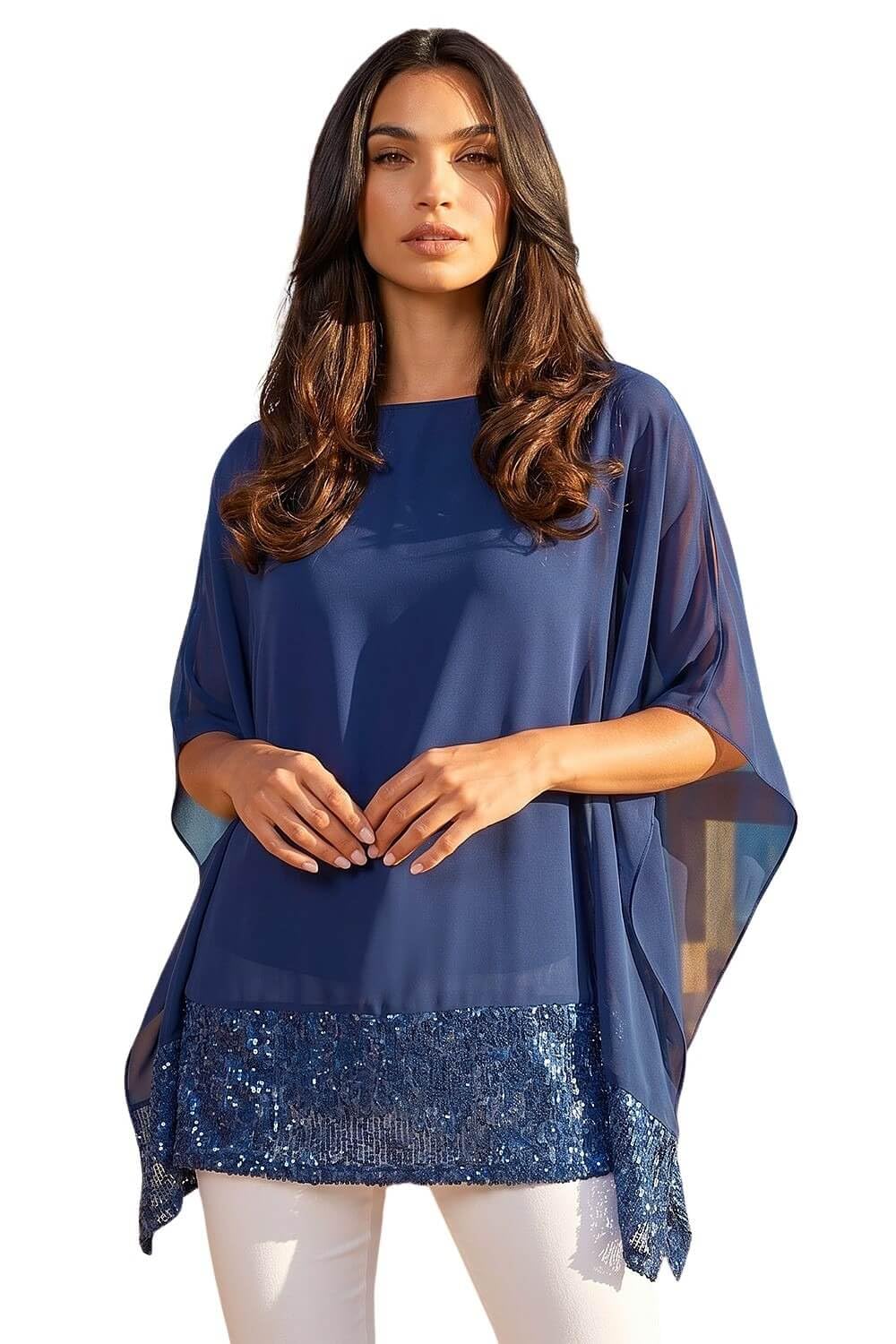 Roman Originals Sequin Hem Contrast Tunic Top for Women UK - Ladies Everyday Autumn Winter Round Neckline Comfy Soft Evening Vacation Work Party Night Out - Blue - Size 14