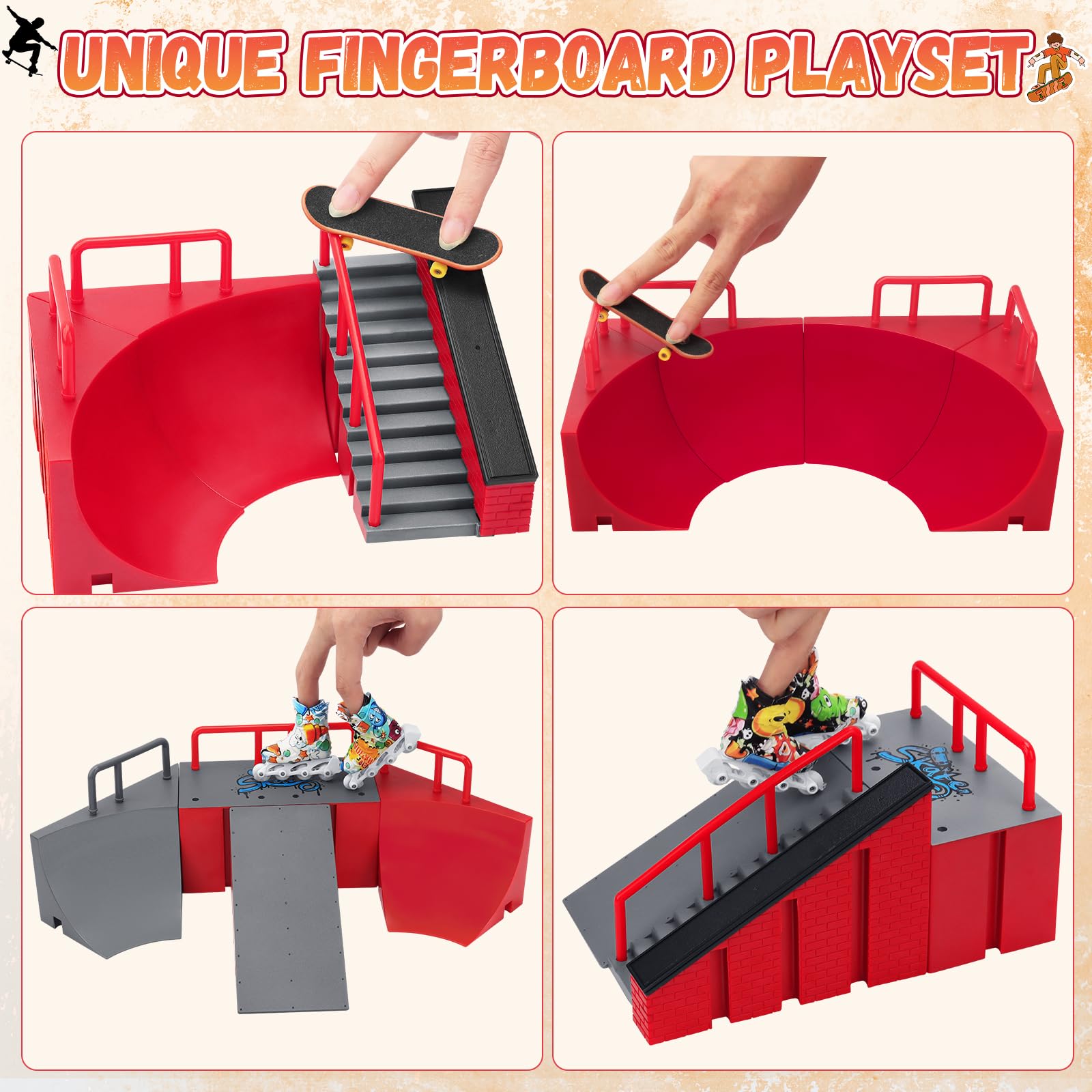 Kit Rampe De Skateboard 17 En 1 Avec 4 Mini Finger Skate - Idéal Enfants Et Adultes