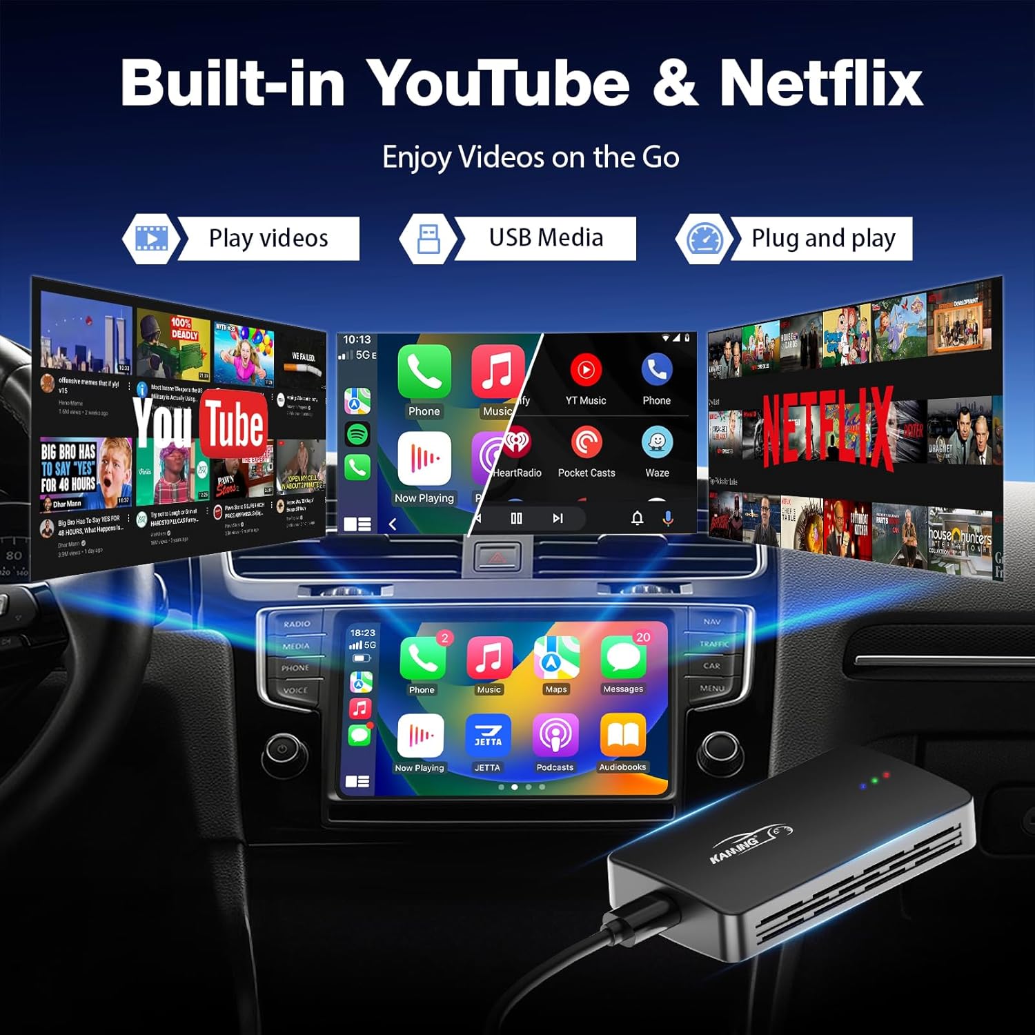 AI Box Wireless CarPlay Adapter & Android Auto, Support Netflix/YouTube/TikTok, Plug & Play, USB Playback, Dual Wi-Fi & Bluetooth 5, Smooth Magic Box for Cars with OEM Wired CarPlay & Android Auto