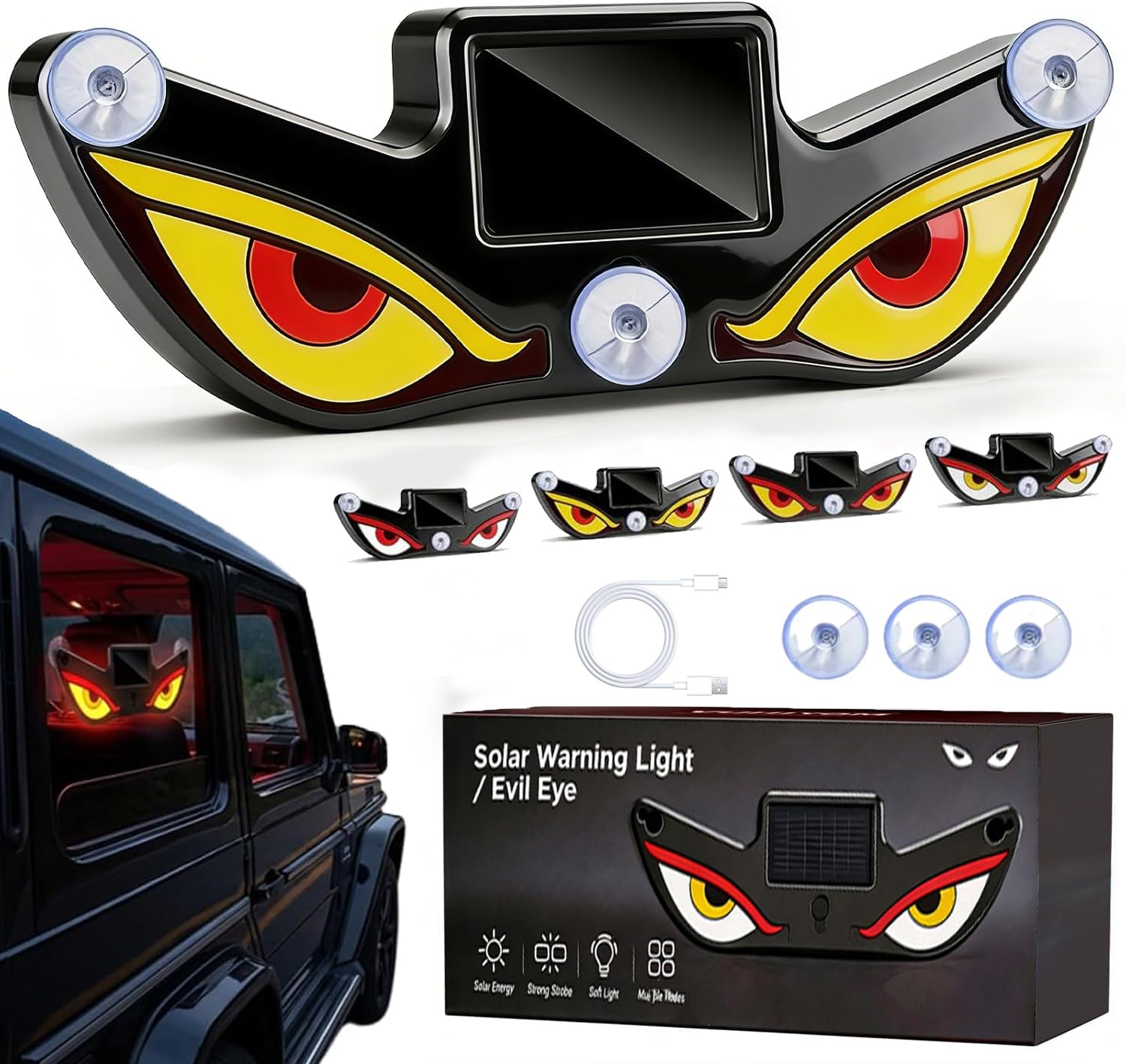 Solar Powered Devils Eyes LED Car Light, Devil Eyes Lights Dynamic Windshield Ambient Lamp with Vibration & Light Sensor, USB-C Rechargeable, 5 Modes, Suction Mount-image-32