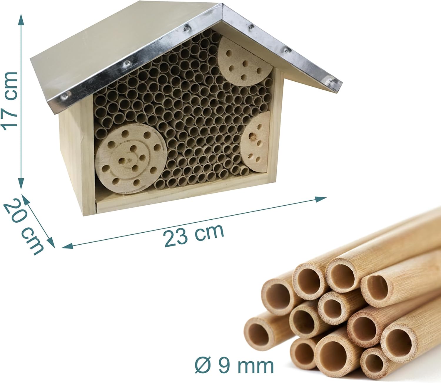 Relaxdays Bee Hotel, Wood, Weatherproof Metal Roof, Cardboard Tube, Garden, Insect Hotel, Hanging Natural/Silver