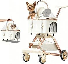All-Terrain Pet Stroller for Small Medium Dogs & Cats, 30 lbs Capacity - Portable Carrier with One-Touch Brake, Lightweight Foldable Design & Shock Absorption Wheels,Beige