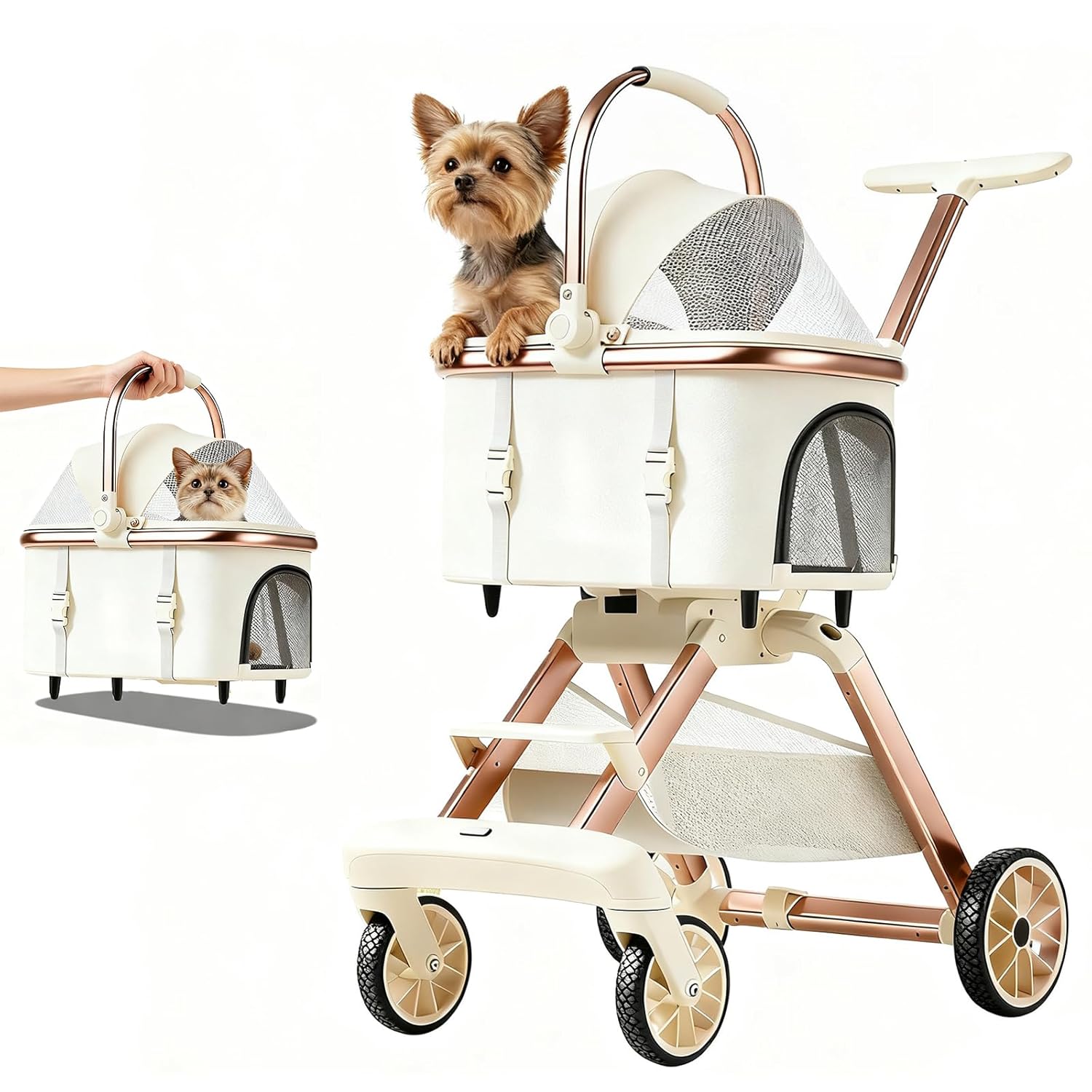 All-Terrain Pet Stroller for Small Medium Dogs & Cats, 30 lbs Capacity - Portable Carrier with One-Touch Brake, Lightweight Foldable Design & Shock Absorption Wheels,Beige