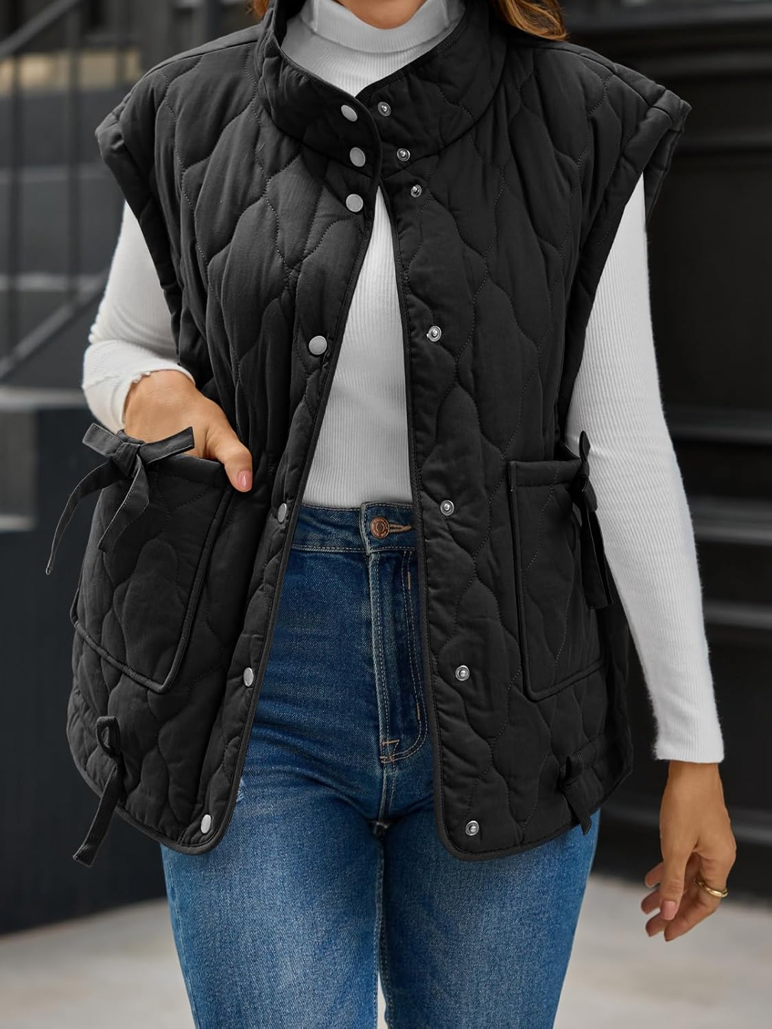 Cicy Bell Womens Puffer Quilted Vest Lightweight Stand Collar Cap Sleeve Jackets Button Down Padded Gilet Winter Outerwear - Image 3