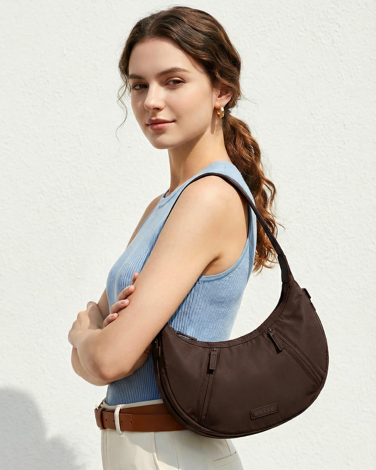 Prite Shoulder Bag Lightweight Crossbody Bag for Women Crescent Travel Purse with Adjustable Strap, Pockets and Key Leash