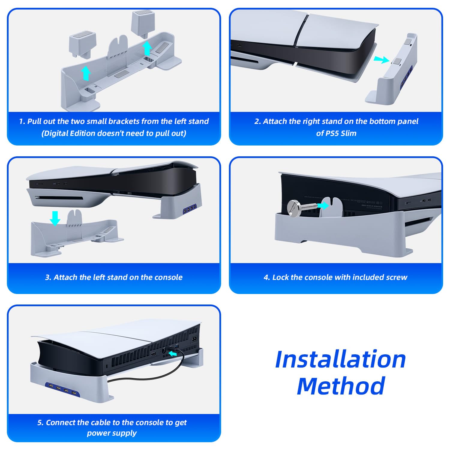 Pozioma podstawka do konsoli PS5 Slim z 4-portowym hubem USB, ulepszona podstawa wspornika akcesoria kompatybilna z PlayStation 5 Slim Disc & Digital Edition uchwyt na stojak