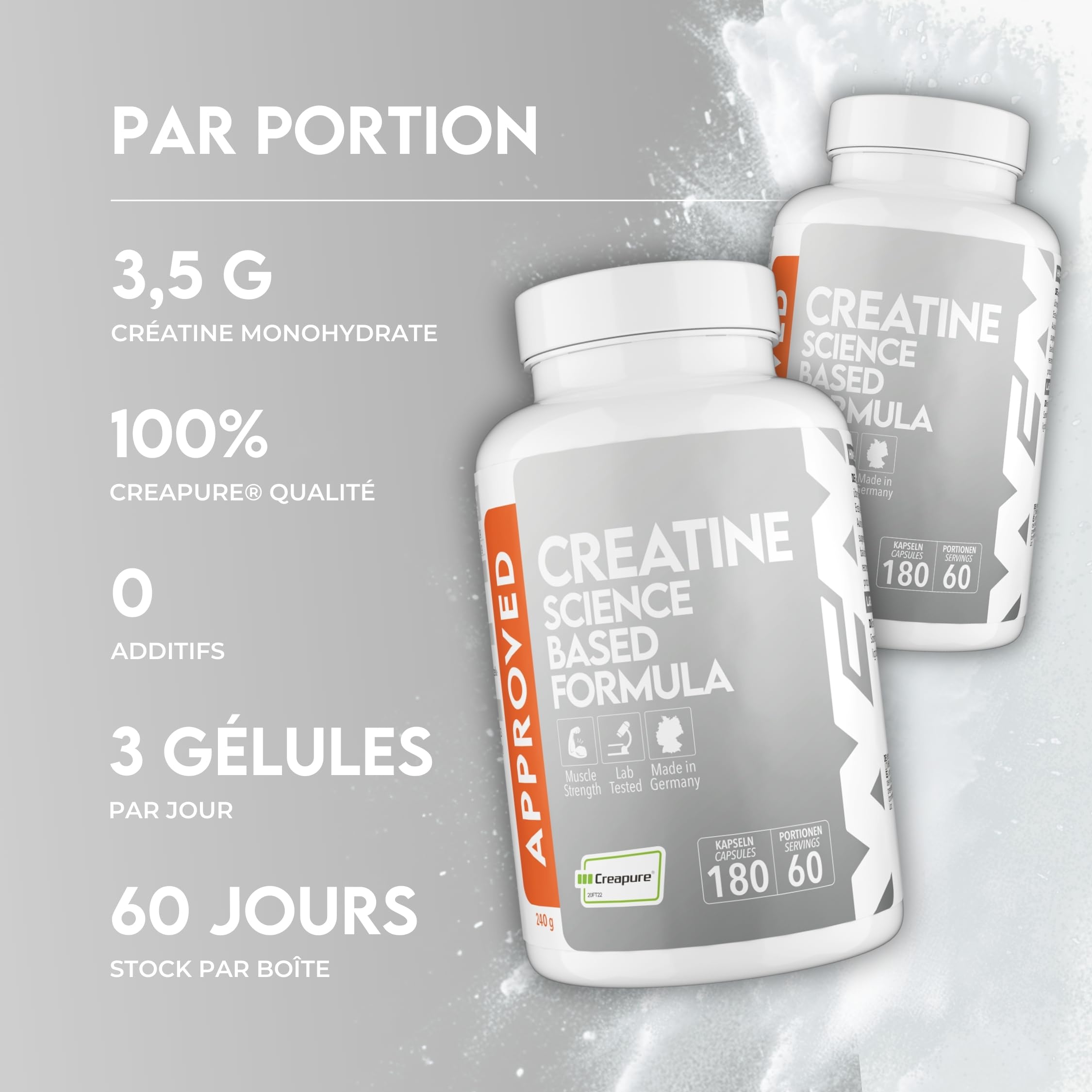 WFN Approved Creatine Capsule - Créatine Monohydrate Creapure Gelules - 180 Gélules - 60 Portions - Végétalien - Testé en Laboratoire