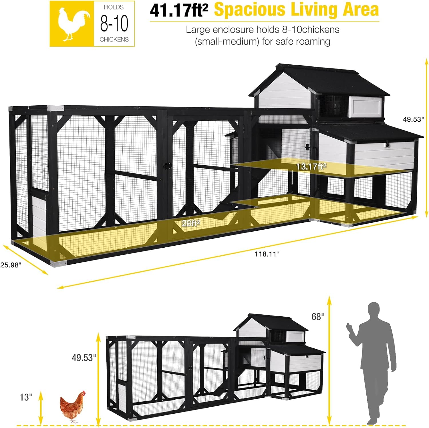 Aivituvin Extra Large Chicken Coop for 8-10 Chickens, Reinforced Outdoor Wooden Hen House with Run, 6 Nesting Boxes, Easy Clean Pull-Out Tray, Waterproof Asphalt Roof - Black, 118" L x 26" W x 50" H