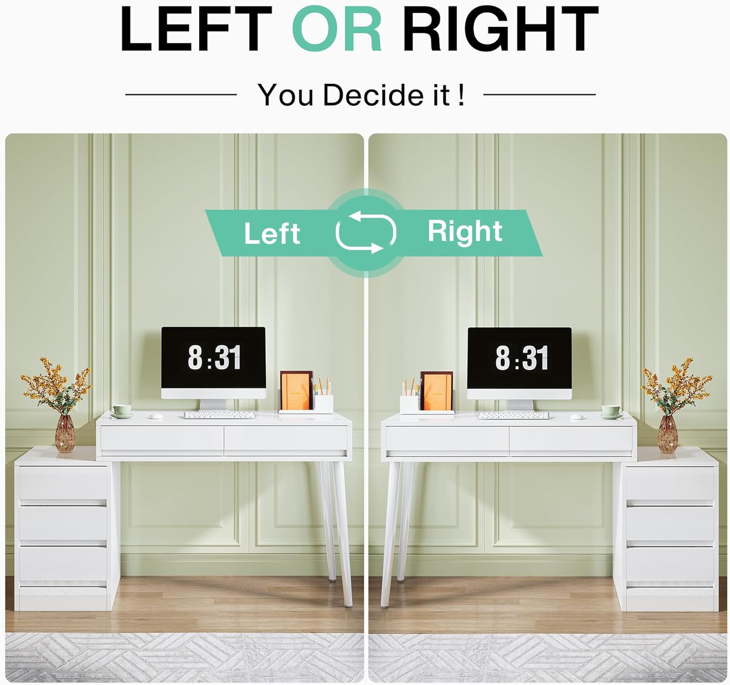 Tribesigns White Desk with 5 Drawers, Modern Home Office Desk with Storage Drawers and Printer Stand, Reversible Computer Desk Vanity Desk for Bedroom, Living Room, Sleek White