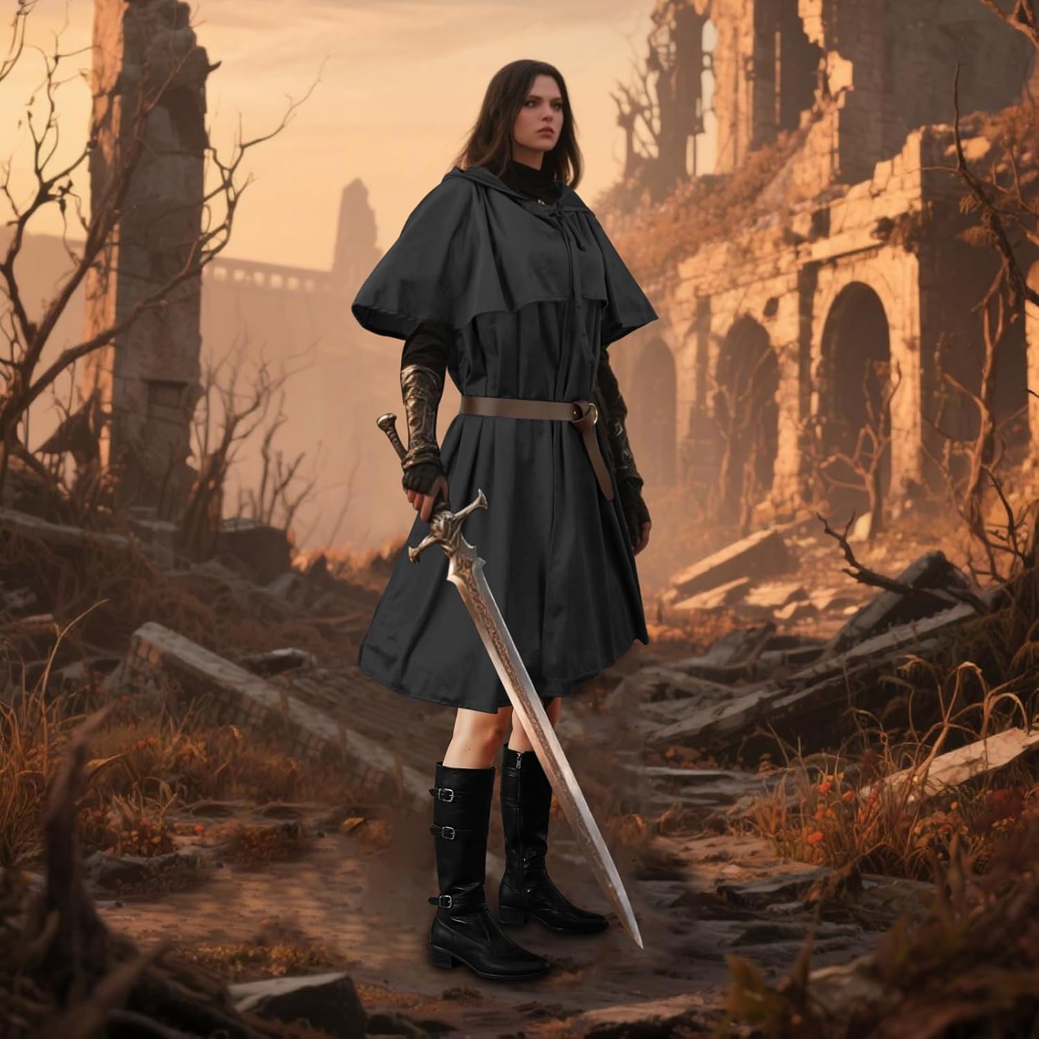 Renaissance Hooded Cape with Vintage Belt Medieval Cloak for Women and Men Hobbit Halloween Costume - Image 6