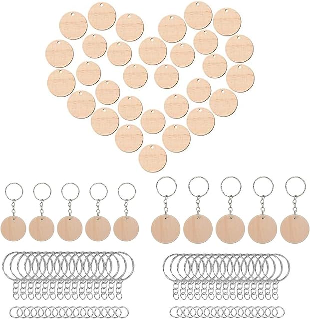 MaYuLa 100Pcs Natural Wood Slices for Crafts 3-4cm 100Pcs Key Rings with Link Chain and Jump Rings Unfinished Round Wooden Discs Pieces Circles with Hole for DIY Crafts Christmas Decor Ornament