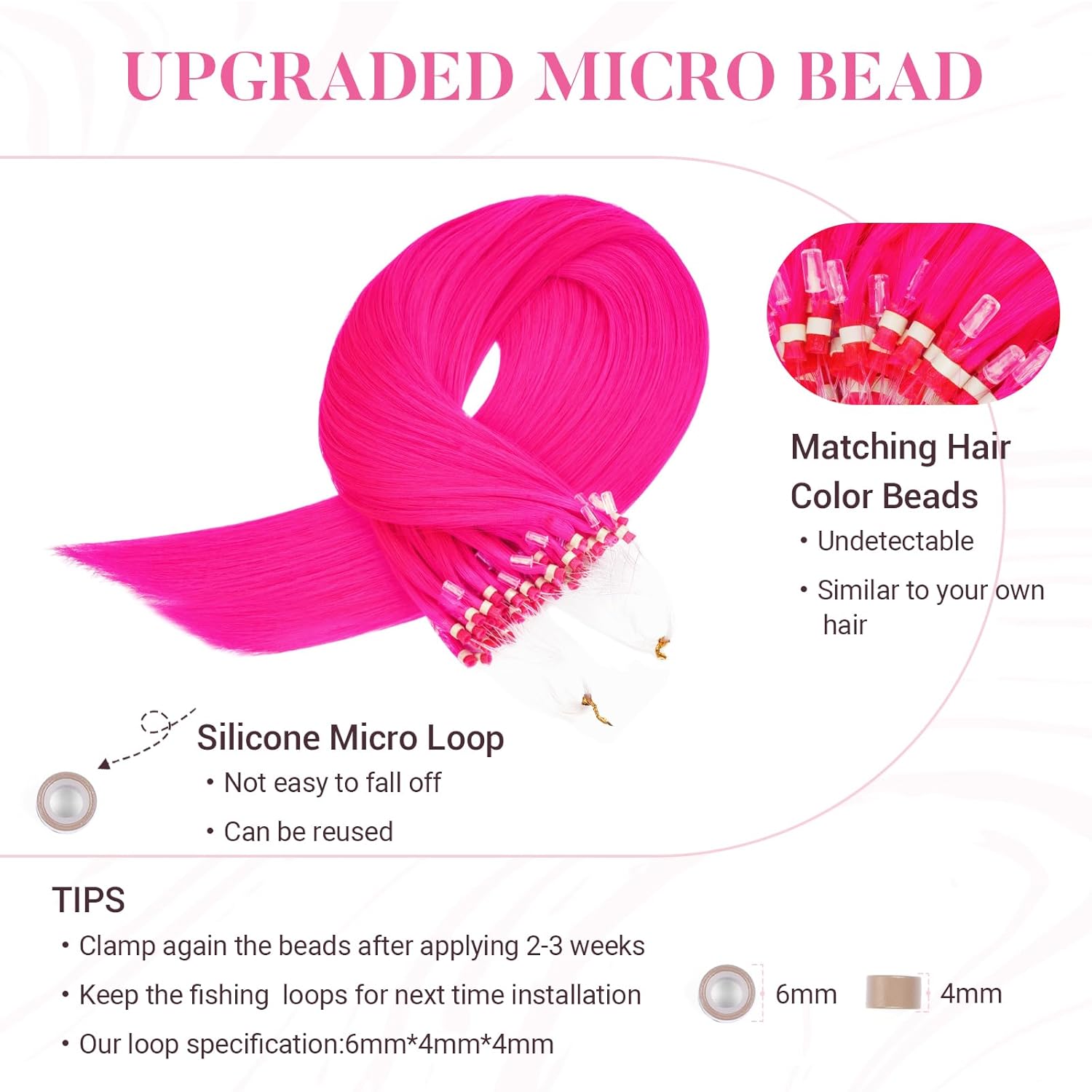 MAXITA Microlink Hair Extensions Human Hair, Hot Pink Micro Beads Hair Extensions Real Human Hair, Colored Highlight 16 Inch 25g/25 Strands/Pack Straight Hair