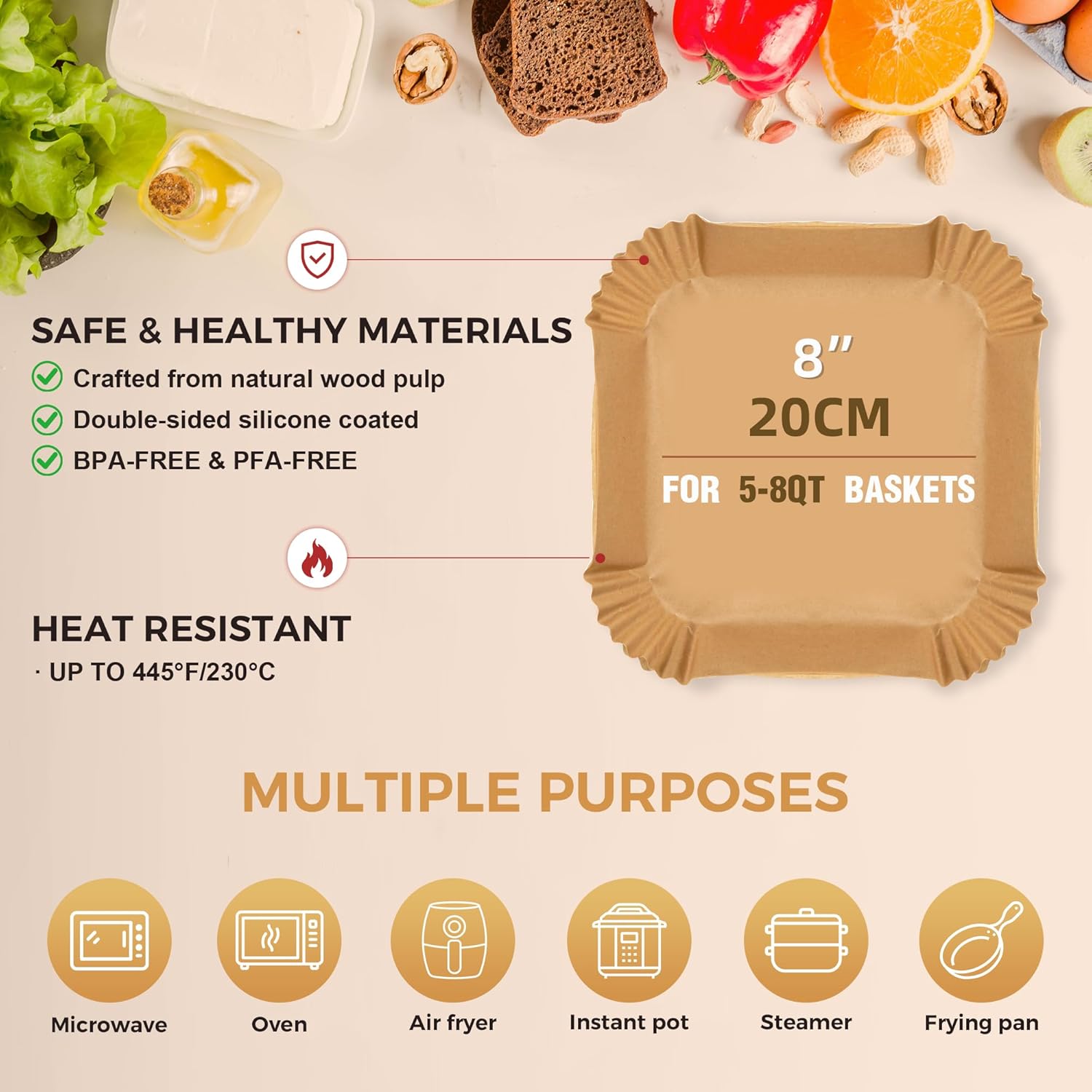 Boribim 8 Inch Air Fryer Paper Liners, 360 PCS Square Air Fryer Disposable Liners - AirFryer Accessories - Non-Stick and Oil Proof Air Fryer Parchment Paper Liners for 5-8QT Basket Oven Microwave