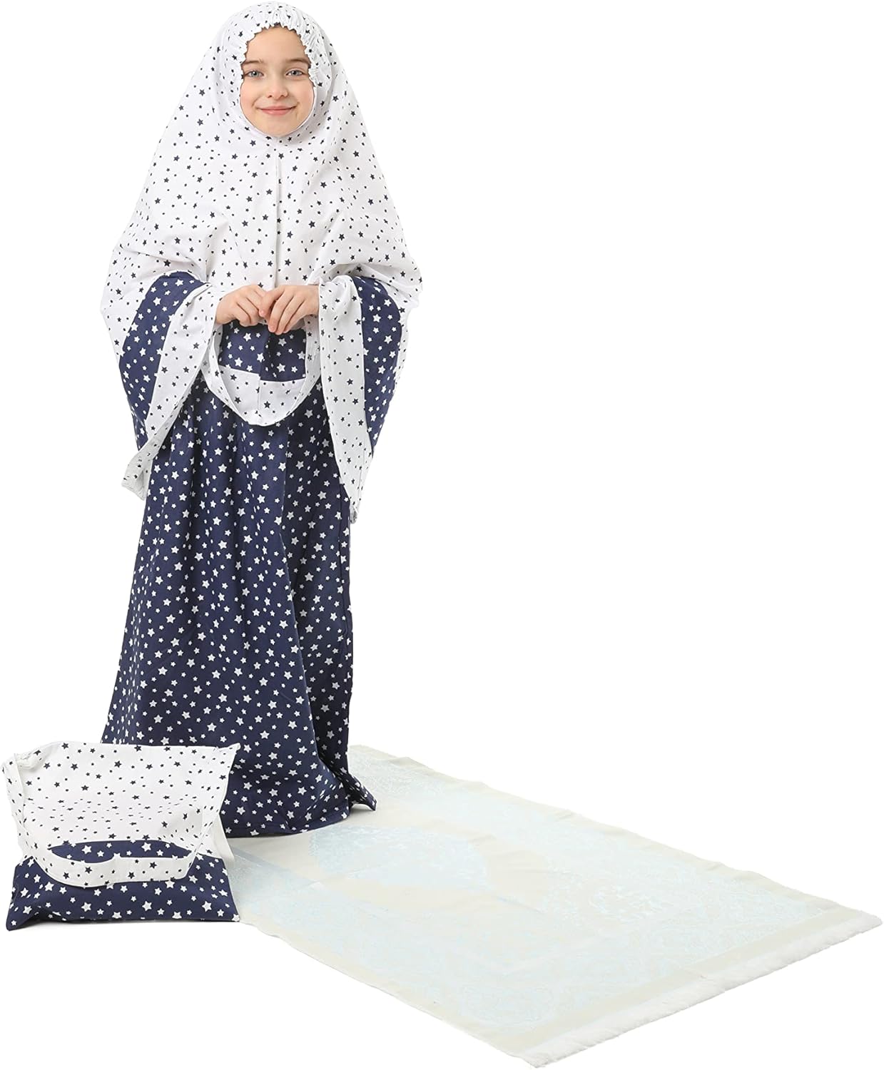 Navy Blue Islamic 4-Piece Girl's Prayer Dress with Skirt, Headscarf, Prayer Rug, and Bag