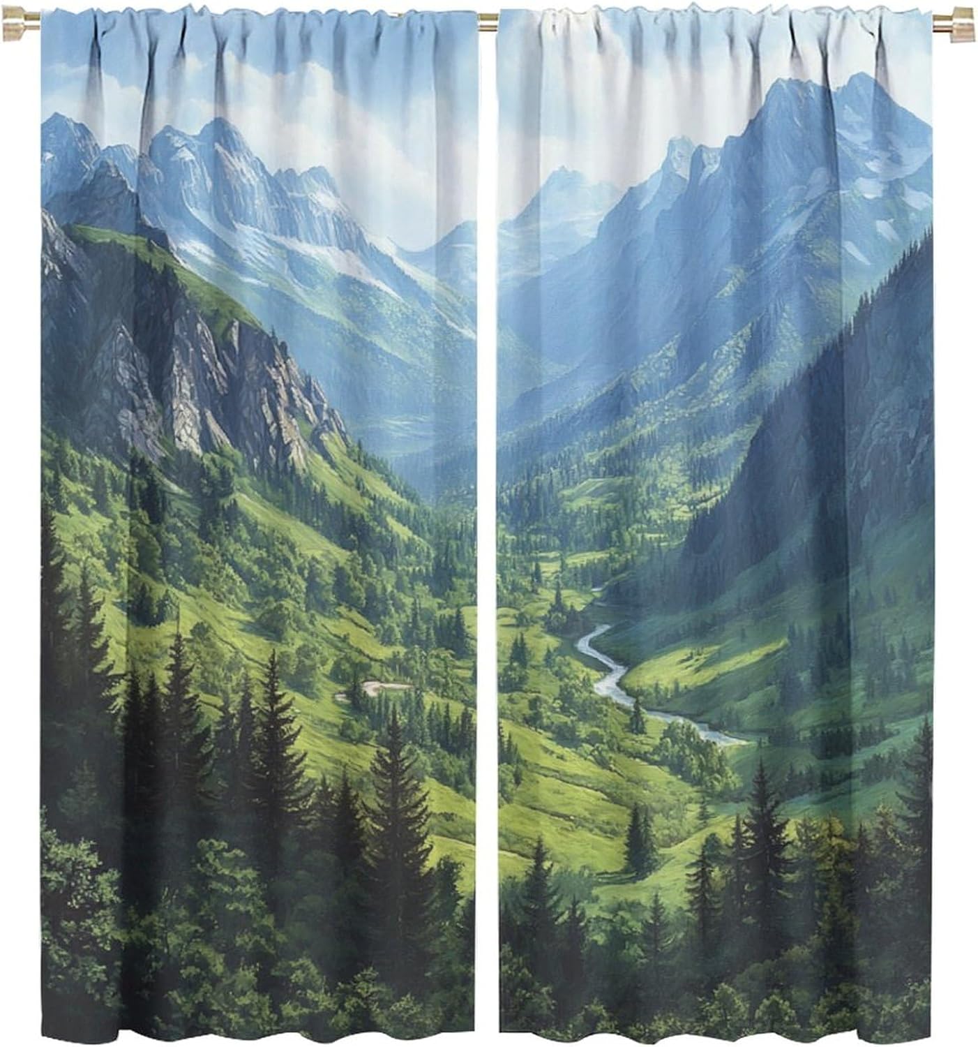 Funny Green Mountain Blackout Curtains for Bedroom Living Room, Rod Pocket Peaceful Forest River Curtains Thermal Insulated Window Drapes 2 Panels, Each 21W x 45L