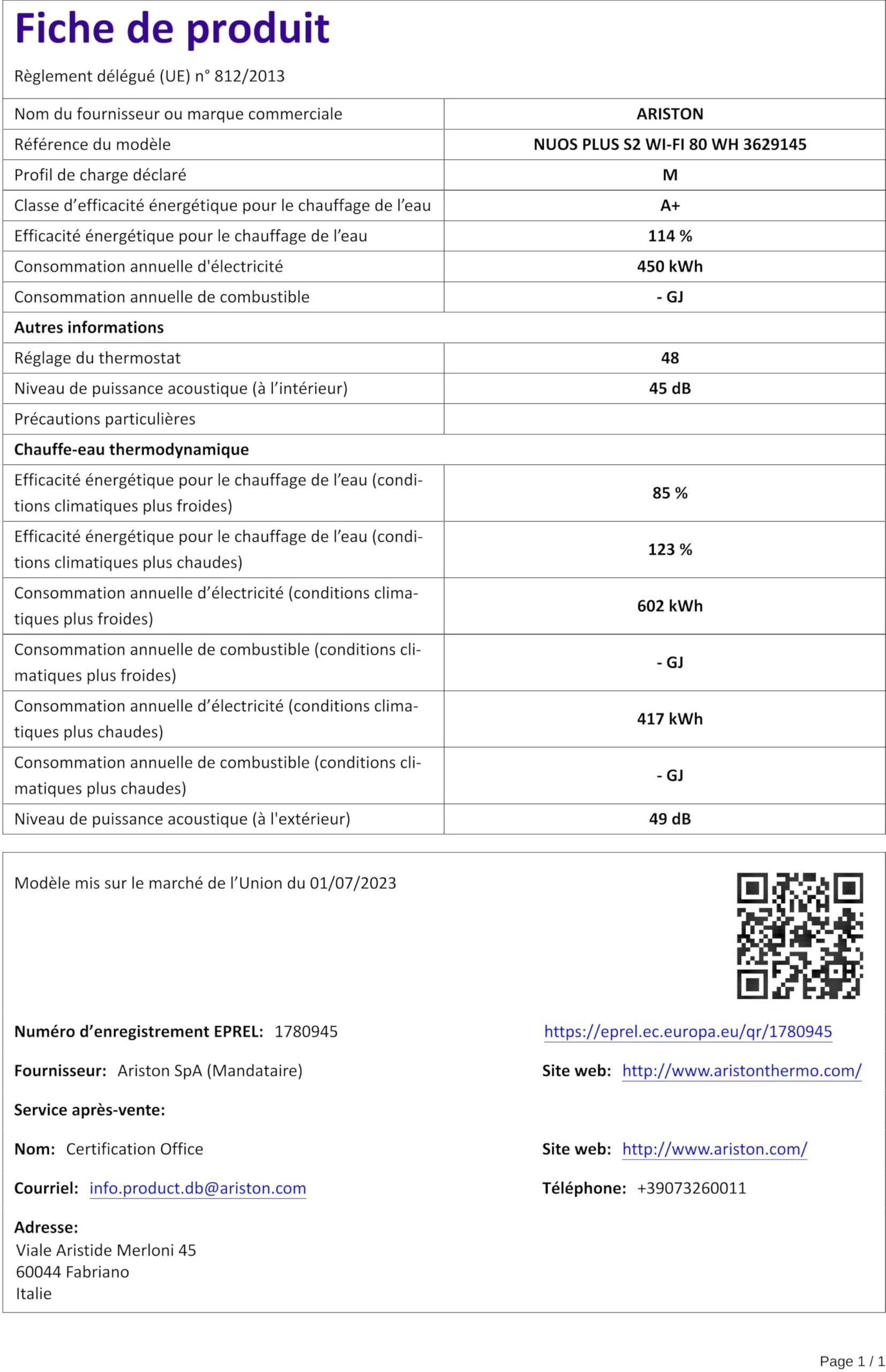 Ariston NUOS PLUS S2 WIFI 80L, Chauffe-Eau Thermodynamique Mural R290, 80% d'Économie d'Energie, Compatible Photovoltaïque, Silencieux 45 dB(A), COP 2.77, Conçu pour être installé en France