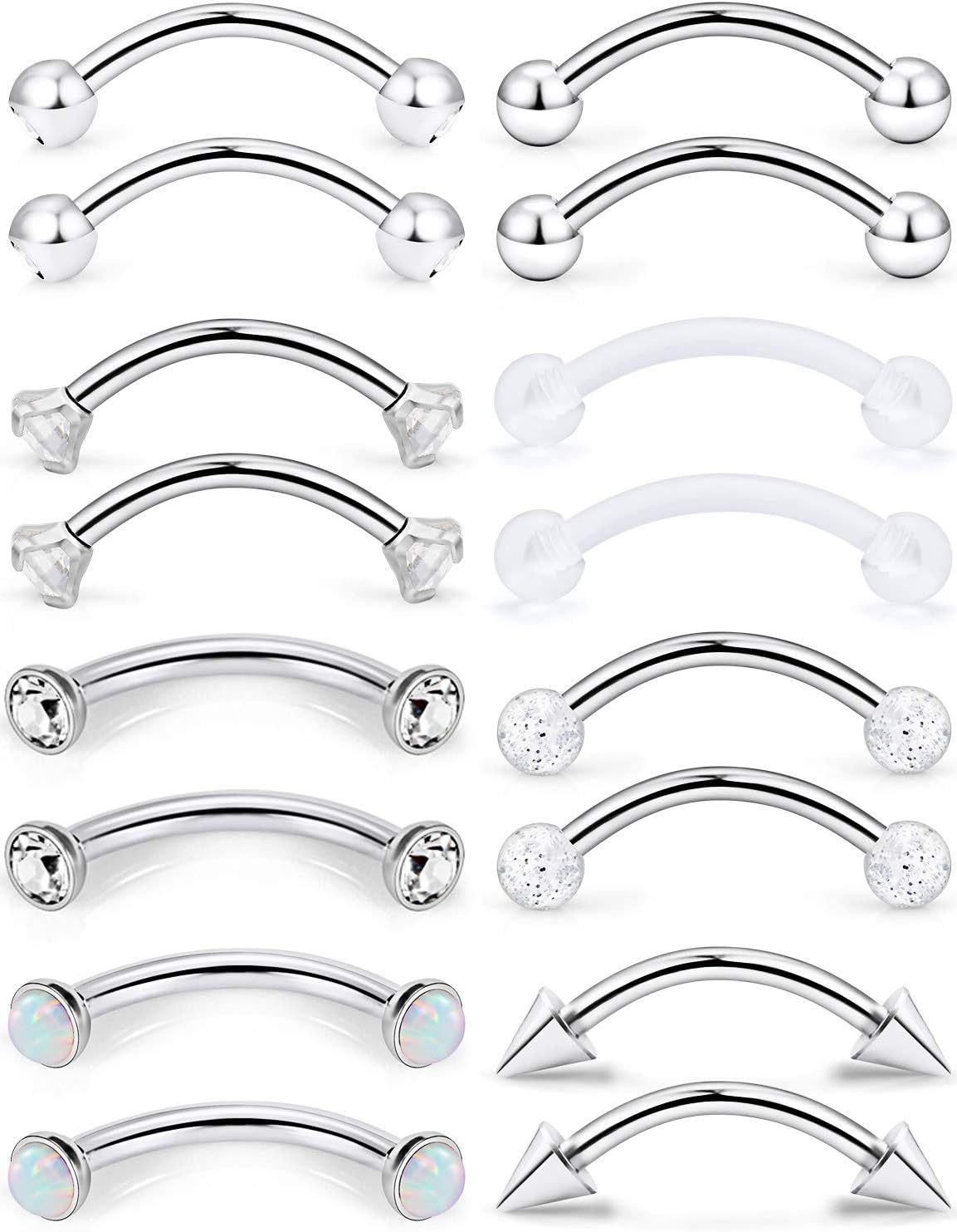 Eyebrow Ring Bar 16G Stainless Steel Curved Barbell Clear Diamond CZ Piercing Body Jewelry Retainer for Women Men 12-16 Pieces