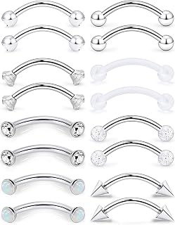 Eyebrow Ring Bar 16G Stainless Steel Curved Barbell Clear Diamond CZ Piercing Body Jewelry Retainer for Women Men 12-16 Pieces