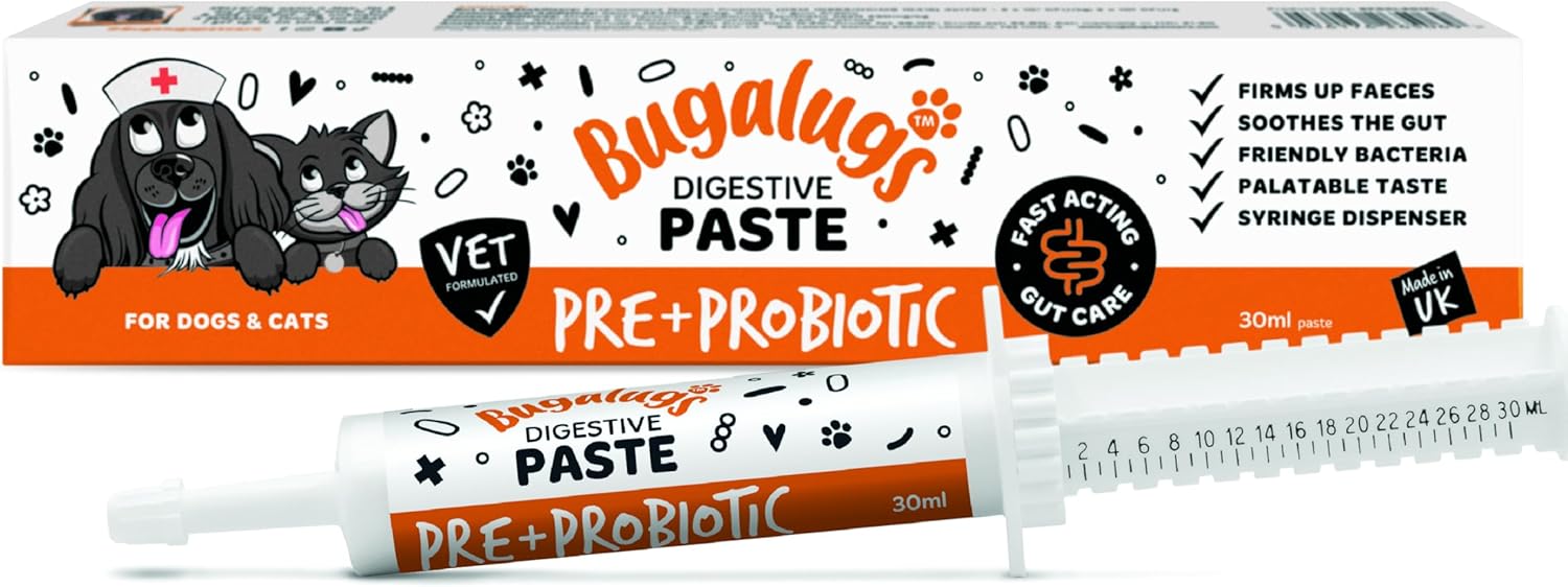 BUGALUGS Probiotics for Dogs & Cats for Gut Health, Digestive Dog Probiotic Paste with Prebiotics helps firms up stools – Vet Formulated, Made in UK comes in Syringe Dispenser (30ml)