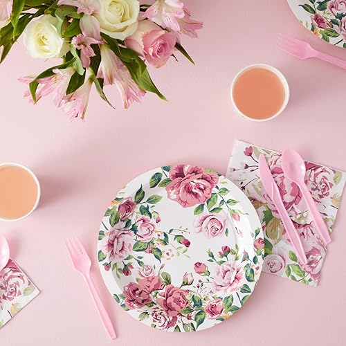 Miniatura 3 de 144 piezas de suministros de fiesta de té floral de estilo vintage con platos de papel de flores rosas, servilletas, tazas y cubiertos, juego