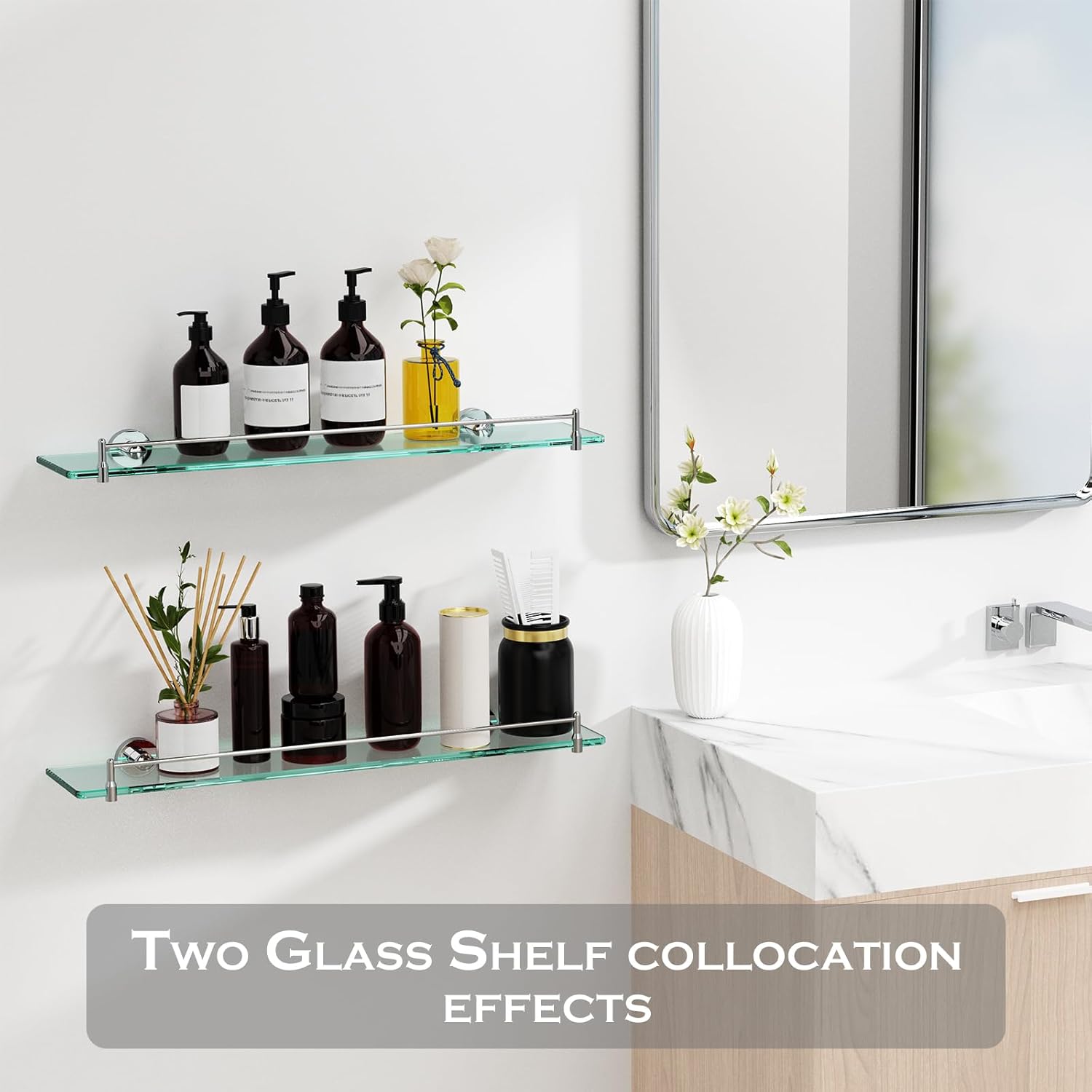 24 Inch Glass Bathroom Shelves,Chrome Polished Floating Shelves for Wall Rectangular Modern Stainless Steel Glass Shelf for Bathroom Shelves Wall Mounted