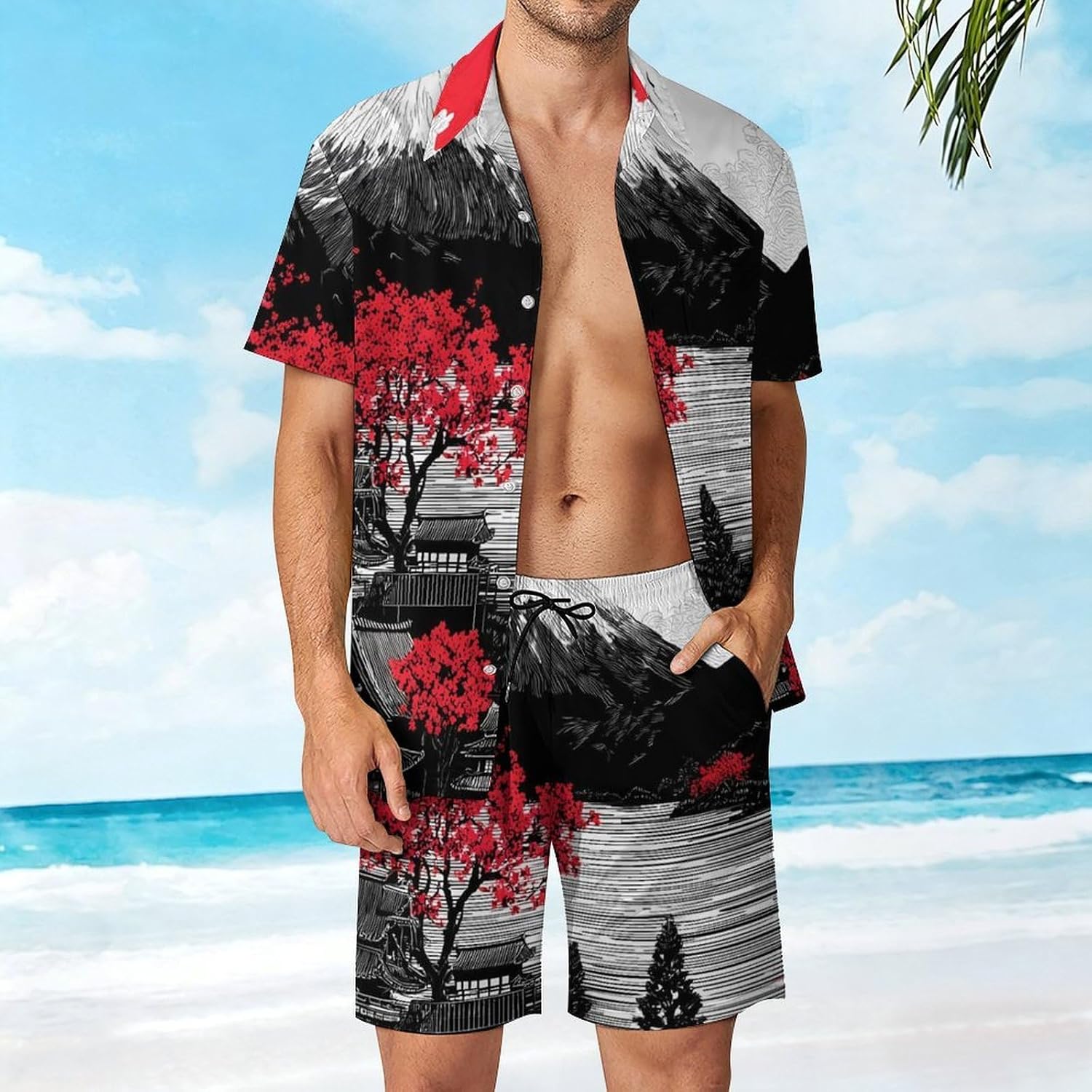 Japanese Mountains Landscape Men's Summer Beach 2 Piece Outfits | hawaiian button down shirt and shorts,vacation cruise,mens bathing suit
