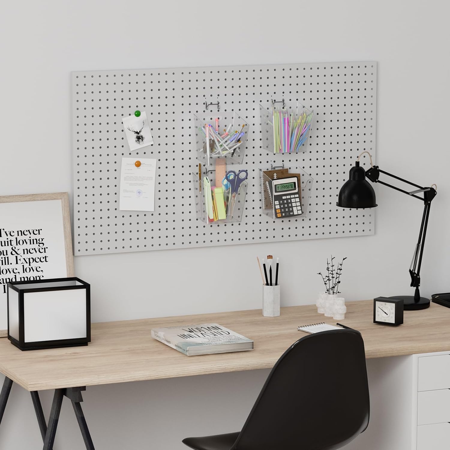 Clear Pegboard Cups with Hooks, 6Pack Peg Board Organizer Bins, Mixed S/M/L | Fit 1/8" 1/4" Pegboard Panels, Transparent PET Hanging Bins, Small Parts & Tool Storage, Plastic Caddy for Garage Craft