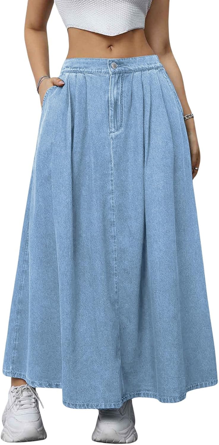 ebossy Women's Casual Pleated Back-Elastic Waist A-line Flowy Draped Maxi Denim Skirts with Pockets