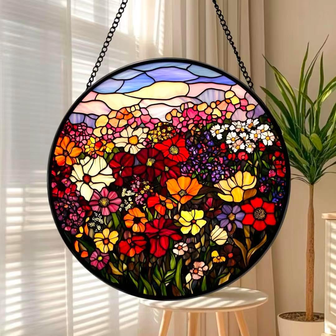 Stained Glass Window Hanging Ornament, Flowers and Green Leaves Suncatcher for Window Home Decor Bithday Christmas Monther's Day Gifts for Women Men and Mom (Multicolour, 9.8 * 9.8 in)