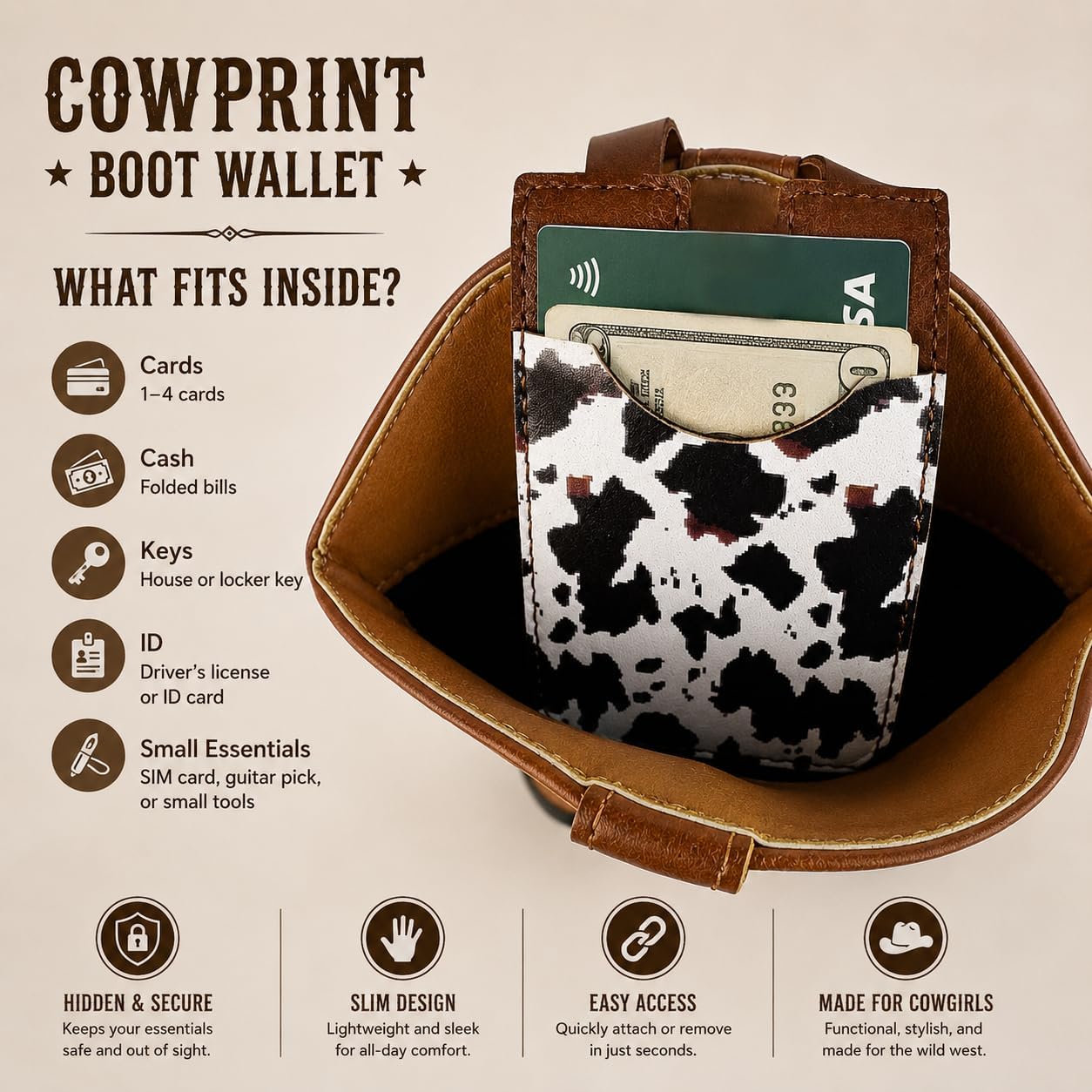 2 pcs Western Boot Wallet for Women – Premium PU Leather Cowboy Boot Wallet with Snap Strap, Slim Wallet for Inside Boots, Cowgirl Boot Pocket Pouch for Cards & Cash (Cheetah + Cow Print)
