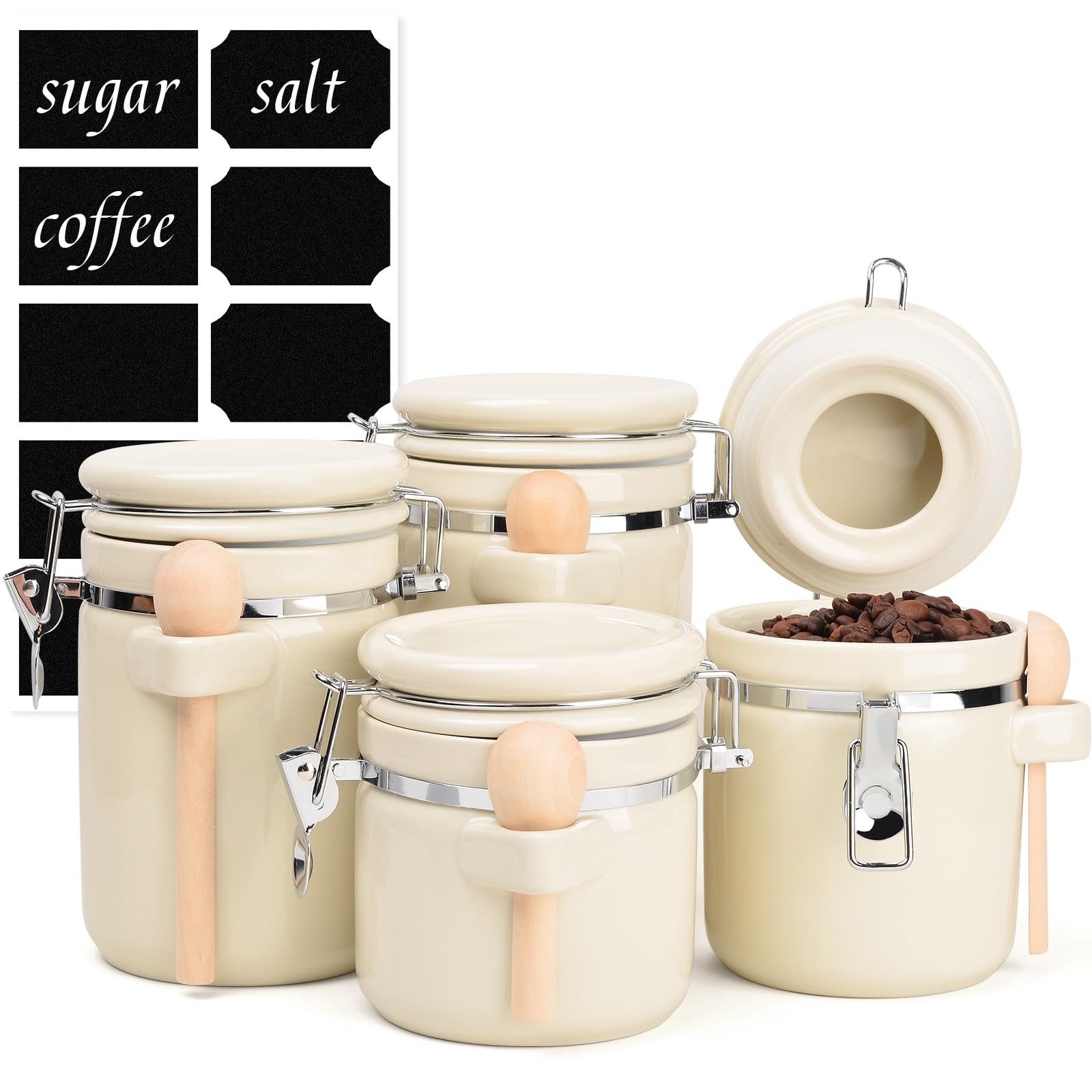 ZEEBERBO 4 Stück Keramik Vorratsdosen Set, Luftdichte Küchen Kanister mit Metallverschluss, Holzlöffel, Kreideetiketten & Marker Für Zucker Kaffee Mehl Tee Vorratsaufbewahrung (Beige)