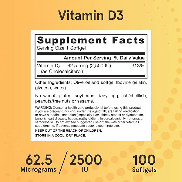 Jarrow Formulas Vitamin D3 62.5 mcg (2,500 IU) - 100 Servings (Softgels) - Bone Health, Immune Support & Calcium Metabolism Support - Vitamin D Supplement - D3 Vitamins - 2500 Vitamin D - Gluten Free 6