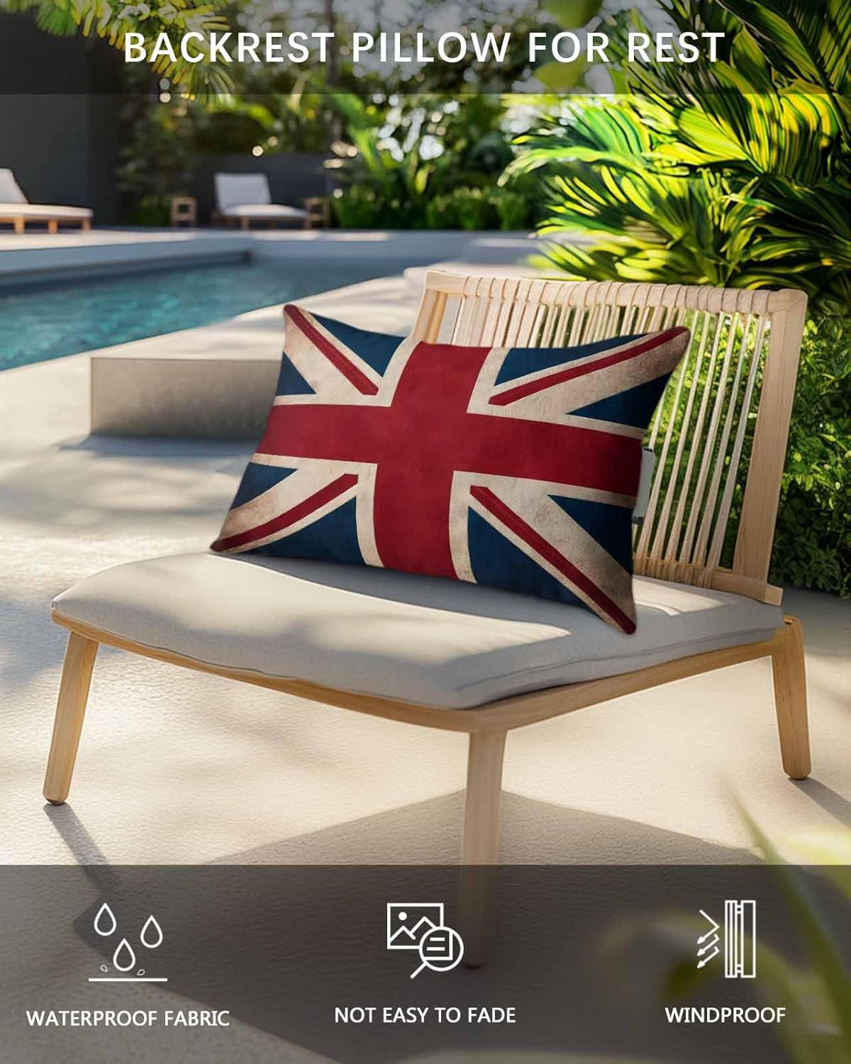 Vintage Union Jack Flag Outdoor Head Pillows for Recliner Lounge Chair,Pack of 2 Waterproof Throw Pillow Cushion Cases with Insert&Strap,Reerto Flags Of The United Kingdom Neck Pillow for Patio Beach