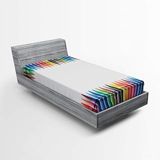 Ambesonne Crayon Fitted Sheet, Top and Bottom Symmetric Straight Border 's Painting Crafts Simple Photo, Bed Cover with All-Round Elastic Deep Pocket for Comfort, Twin XL Size, Multicolor