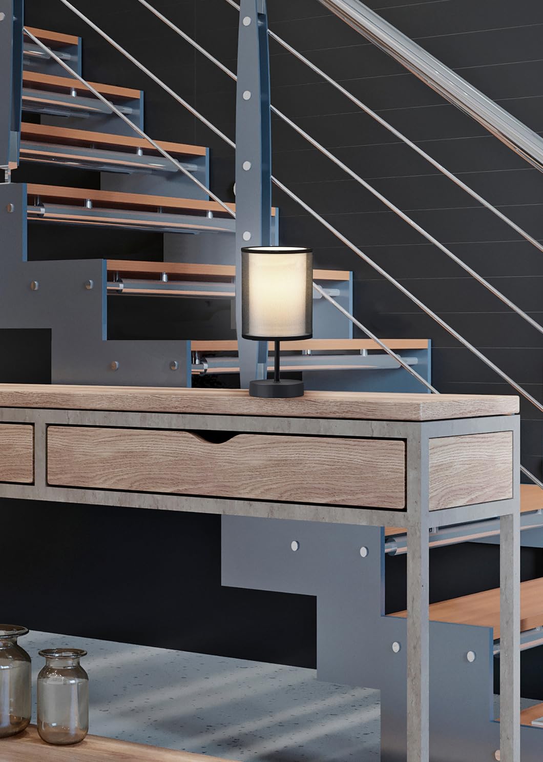 Trio, Lampe de table, Burton 1xE14, max.28,0 W Organza, Fumé, Corps: Métal, noir mat Ø:12,5cm, H:28,5cm Interrupteur de cordon,IP20,Sans illuminant